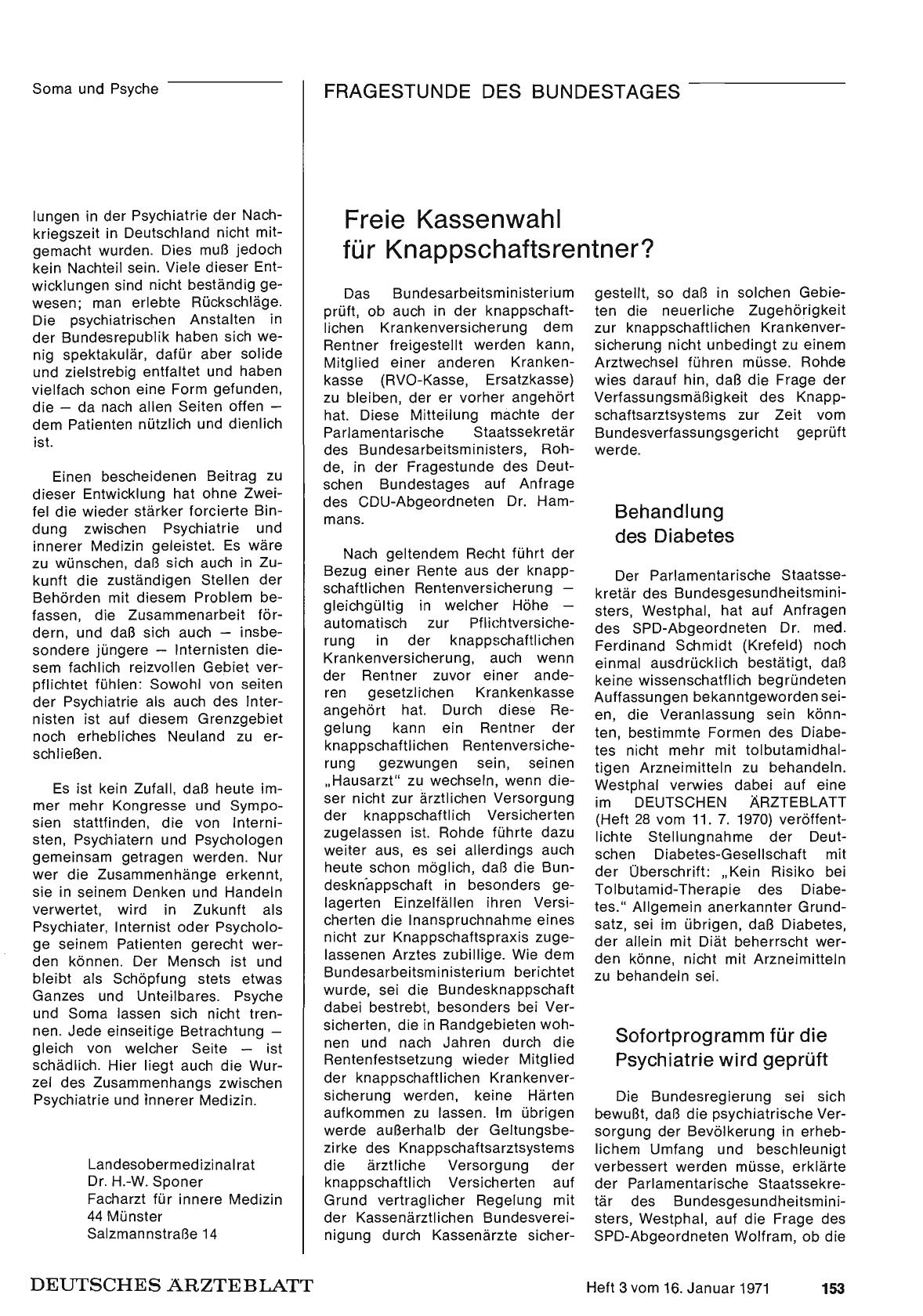 Vorschauseite 1: Aus der Fragestunde des Deutschen Bundestages: Freie Kassenwahl für Knappschaftsrentner? — Krankenstand und Lohnfortzahlung — Berichte über Rauschgift