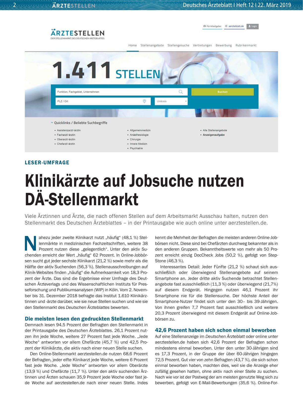 Vorschauseite 1: Leser-Umfrage: Klinikärzte auf Jobsuche nutzen DÄ-Stellenmarkt
