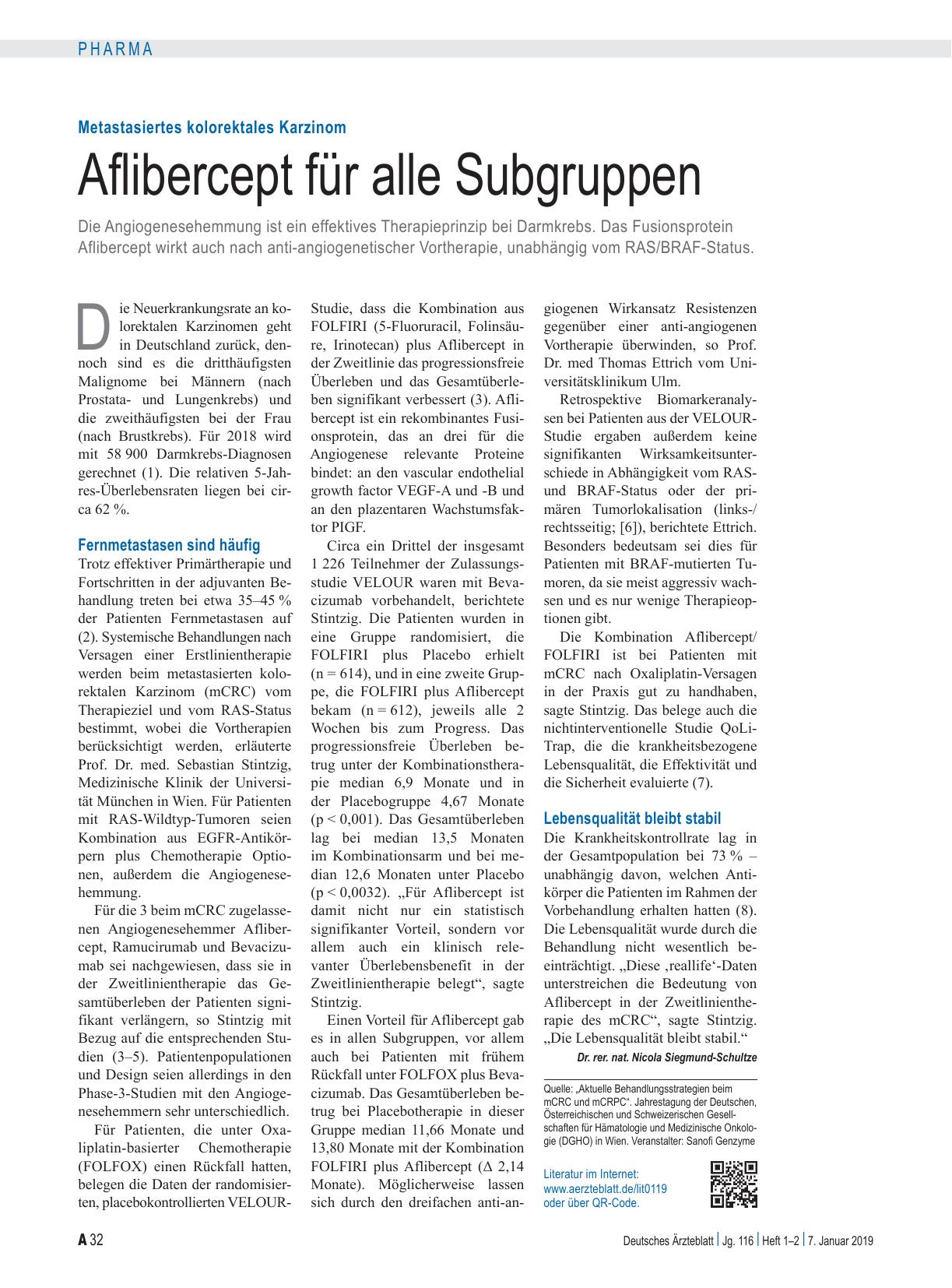 Vorschauseite 1: Metastasiertes kolorektales Karzinom: Aflibercept für alle Subgruppen
