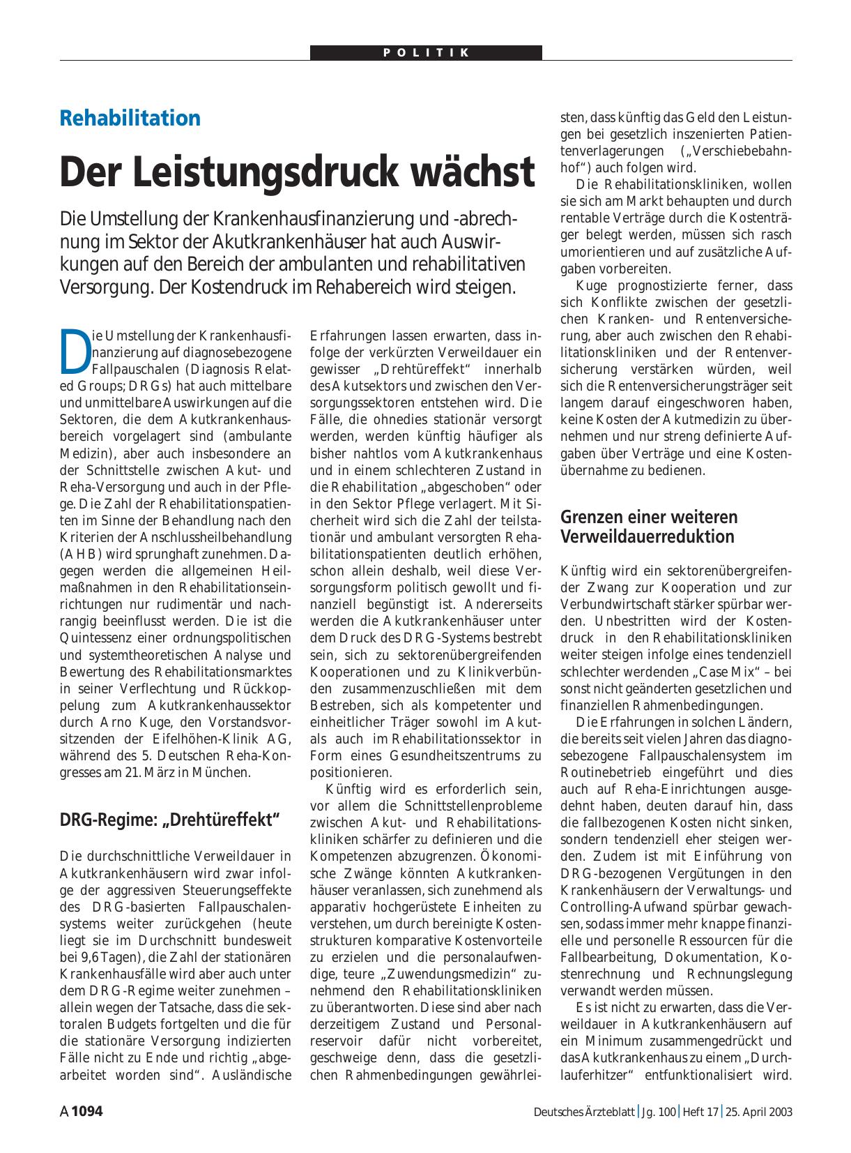 Vorschauseite 1: Rehabilitation: Der Leistungsdruck wächst