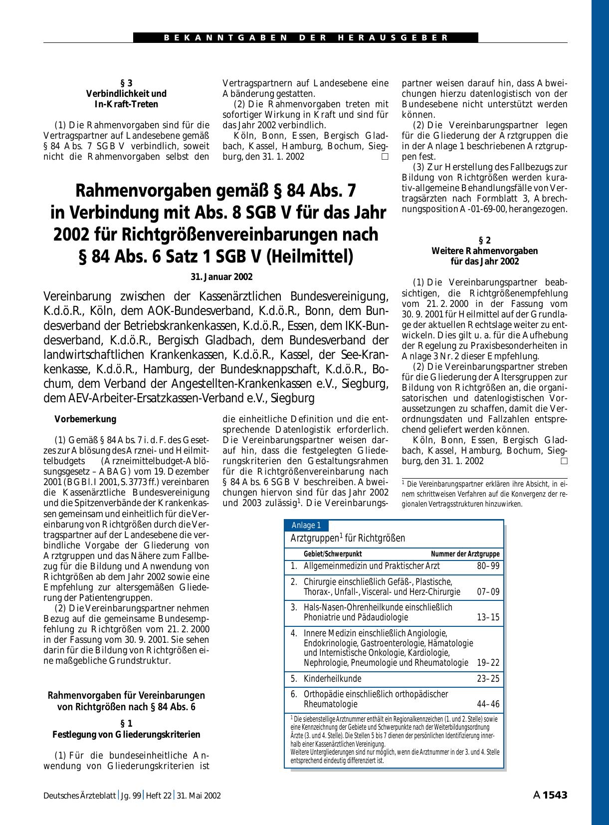 Vorschauseite 1: Rahmenvorgaben gemäß § 84 Abs. 7 in Verbindung mit Abs. 8 SGB V für das Jahr 2002 für Richtgrößenvereinbarungen nach § 84 Abs. 6 Satz 1 SGB V (Heilmittel)