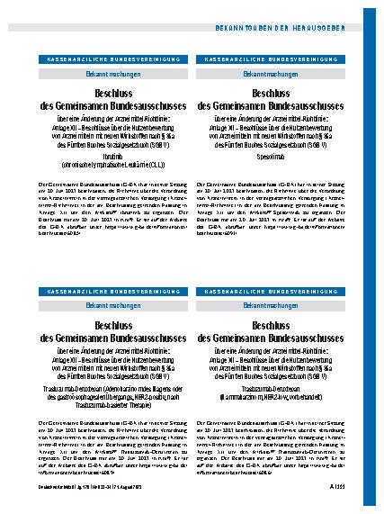Vorschauseite 1: Beschluss des Gemeinsamen Bundesausschusses über eine Änderung der Arzneimittel-Richtlinie: Anlage XII – Ibrutinib (chronische lymphatische Leukämie (CLL))
