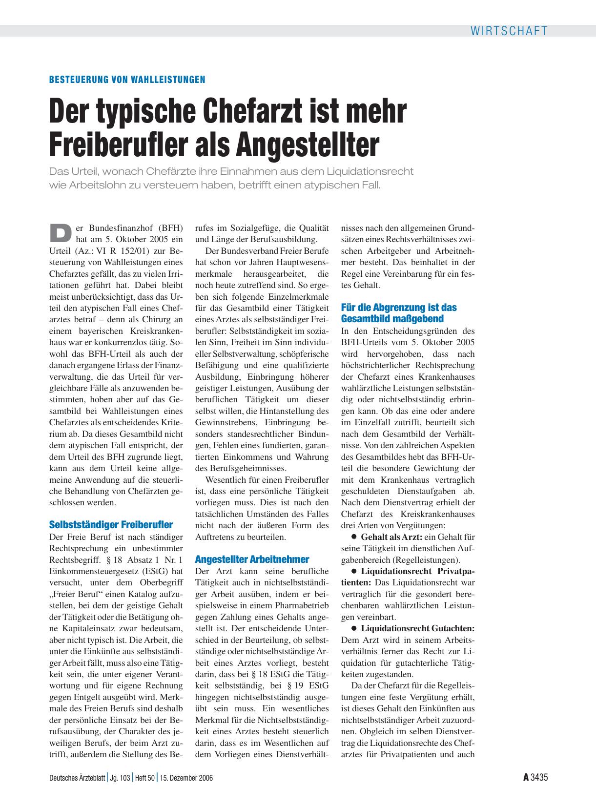 Vorschauseite 1: Besteuerung von Wahlleistungen: Der typische Chefarzt ist mehr Freiberufler als Angestellter
