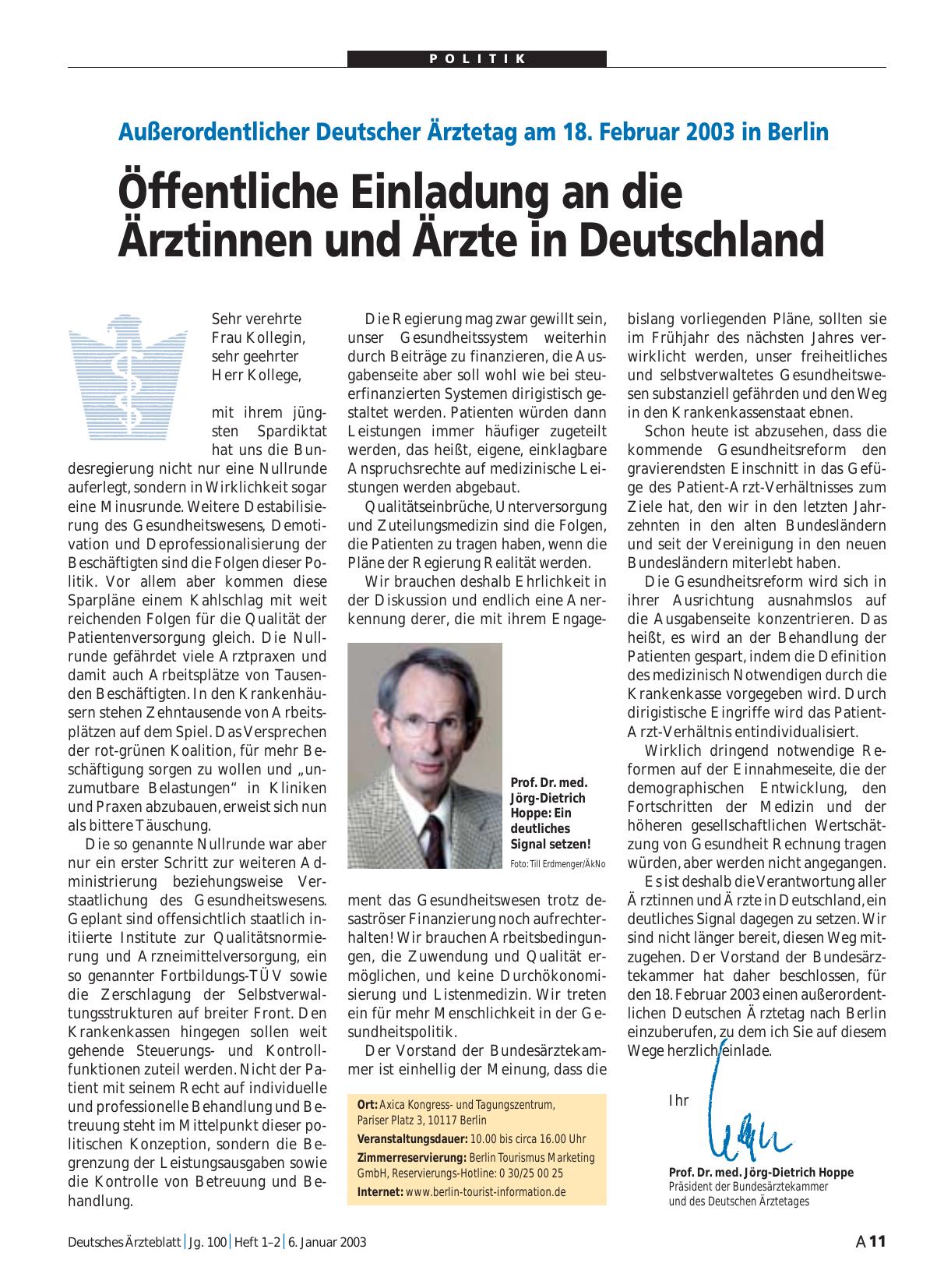 Vorschauseite 1: Außerordentlicher Deutscher Ärztetag am 18. Februar 2003 in Berlin: Öffentliche Einladung an die Ärztinnen und Ärzte in Deutschland