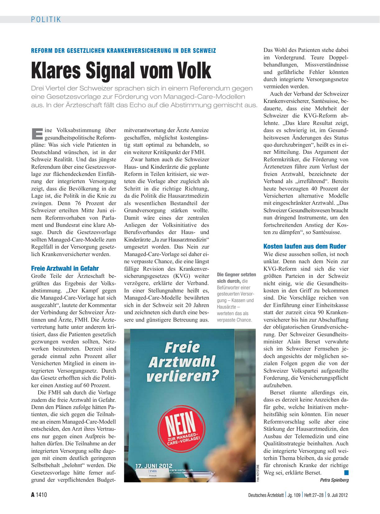 Vorschauseite 1: Reform der Gesetzlichen Krankenversicherung in der Schweiz: Klares Signal vom Volk