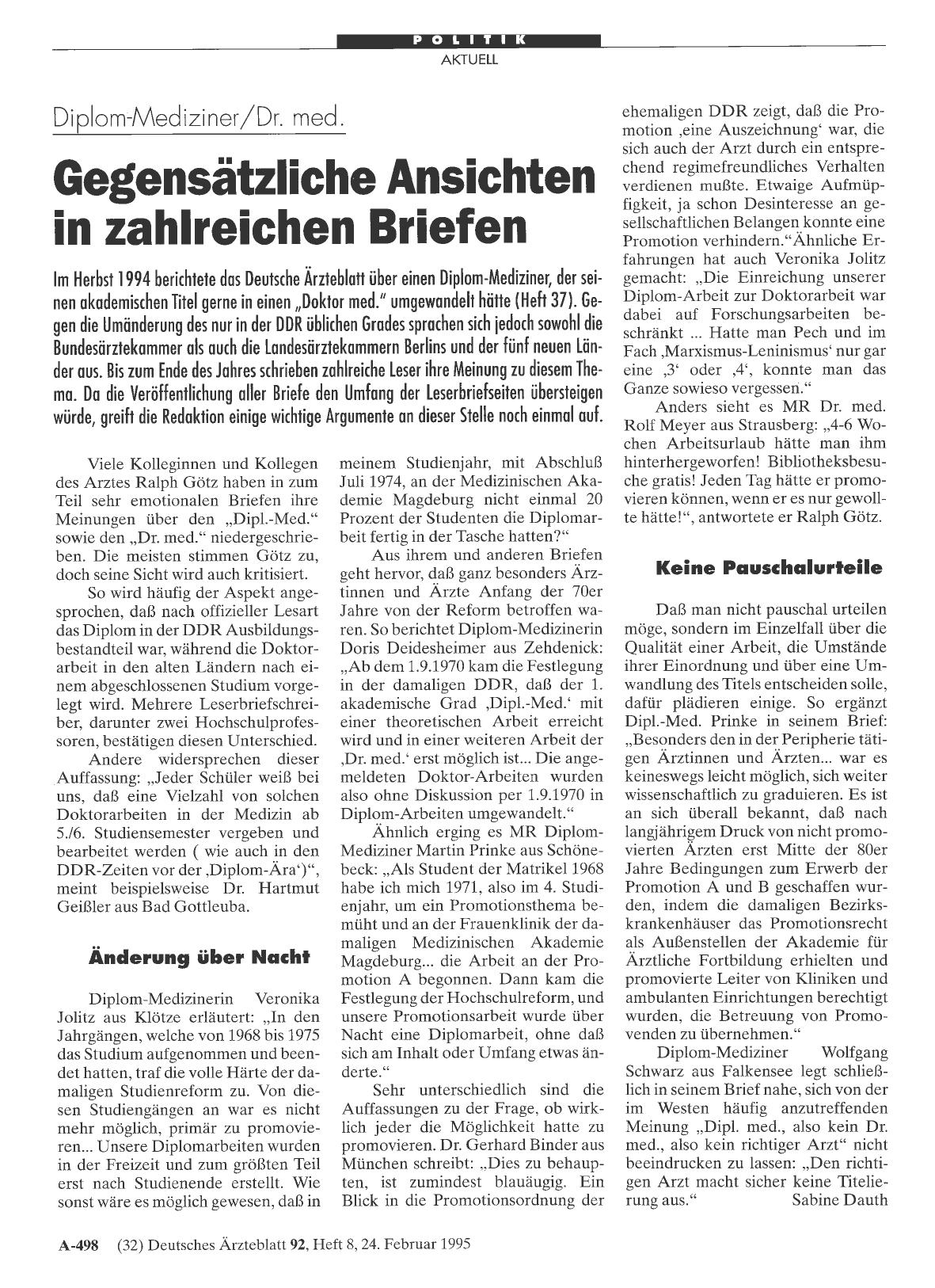 Vorschauseite 1: Diplom-Mediziner/Dr. med. : Gegensätzliche Ansichten in zahlreichen Briefen