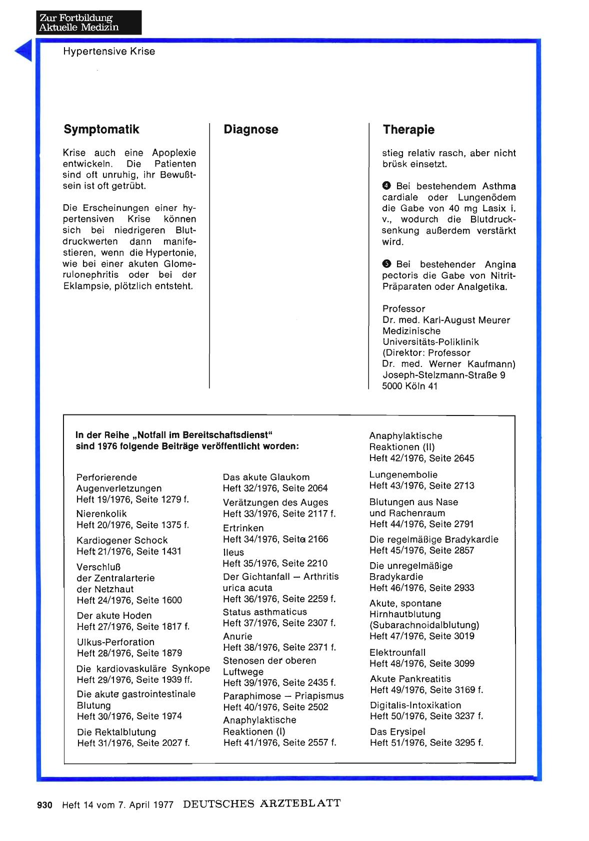 Vorschauseite 1: In der Reihe „Notfall im Bereitschaftsdienst“ sind 1976 folgende Beiträge veröffentlicht worden: