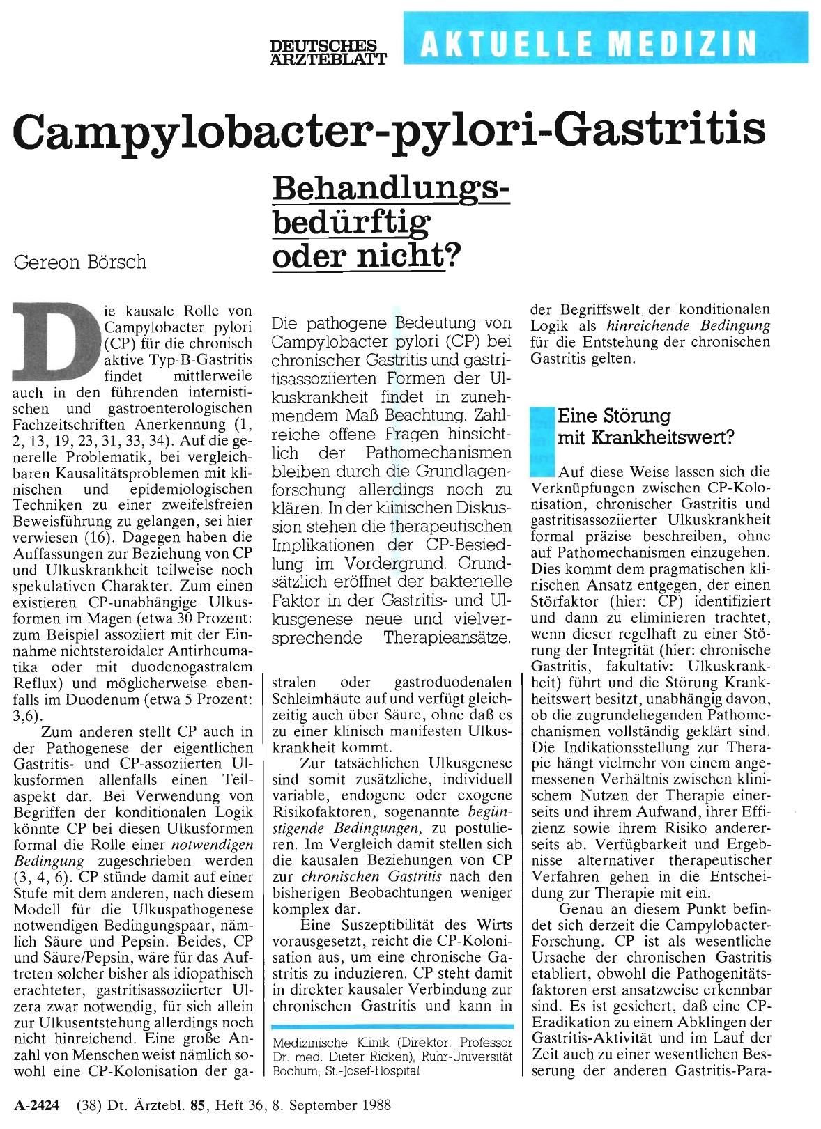 Vorschauseite 1: Campylobacter-pylori-Gastritis: Behandlungsbedürftig oder nicht?