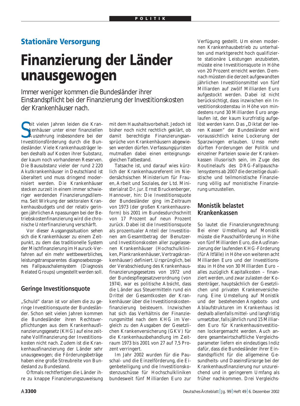 Vorschauseite 1: Stationäre Versorgung: Finanzierung der Länder unausgewogen