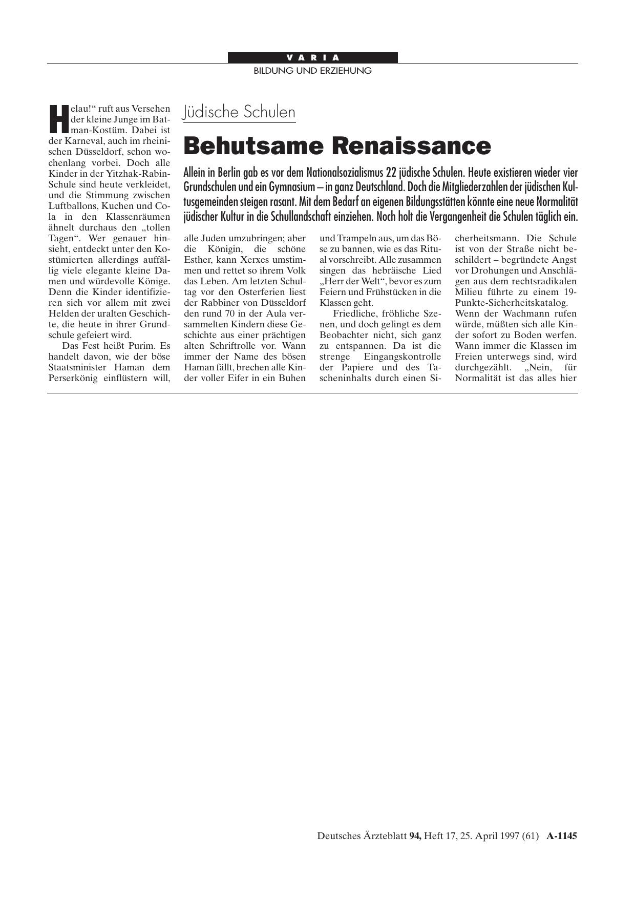 Vorschauseite 1: Jüdische Schulen: Behutsame Renaissance