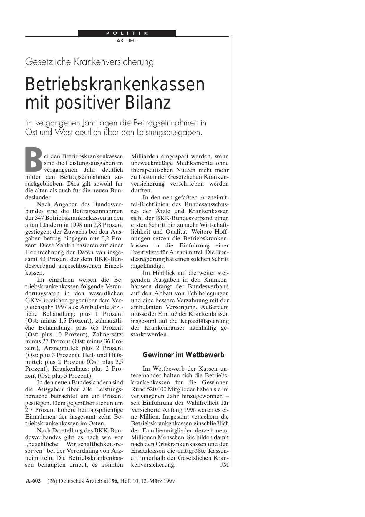 Vorschauseite 1: Gesetzliche Krankenversicherung: Betriebskrankenkassen mit positiver Bilanz