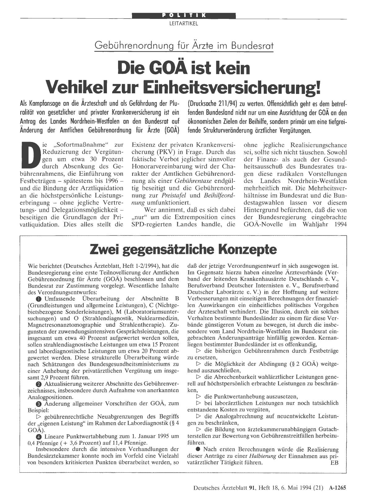 Vorschauseite 1: Gebührenordnung für Ärzte im Bundesrat: Die GOÄ ist kein Vehikel zur Einheitsversicherung!