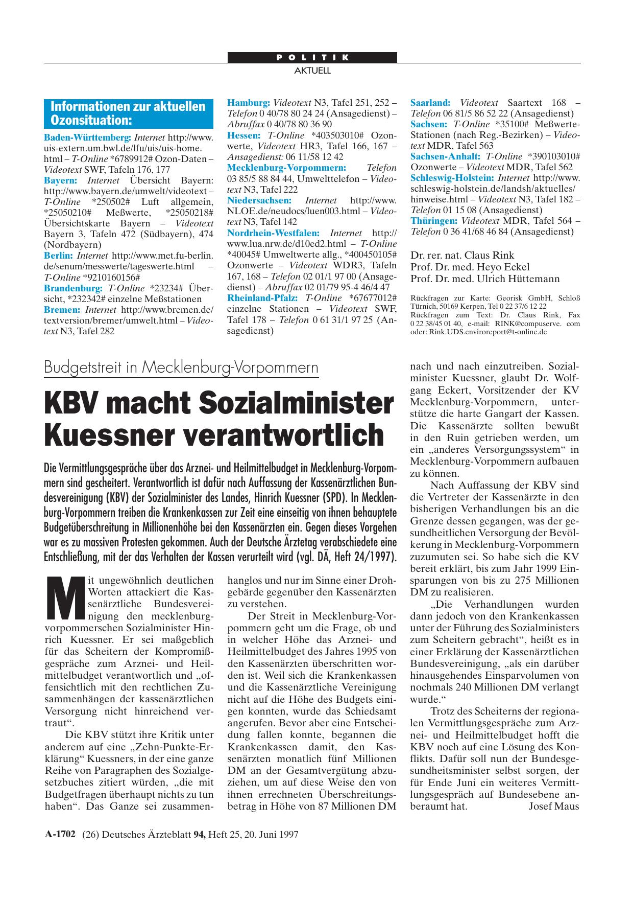 Vorschauseite 1: Budgetstreit in Mecklenburg-Vorpommern: KBV macht Sozialminister Kuessner verantwortlich