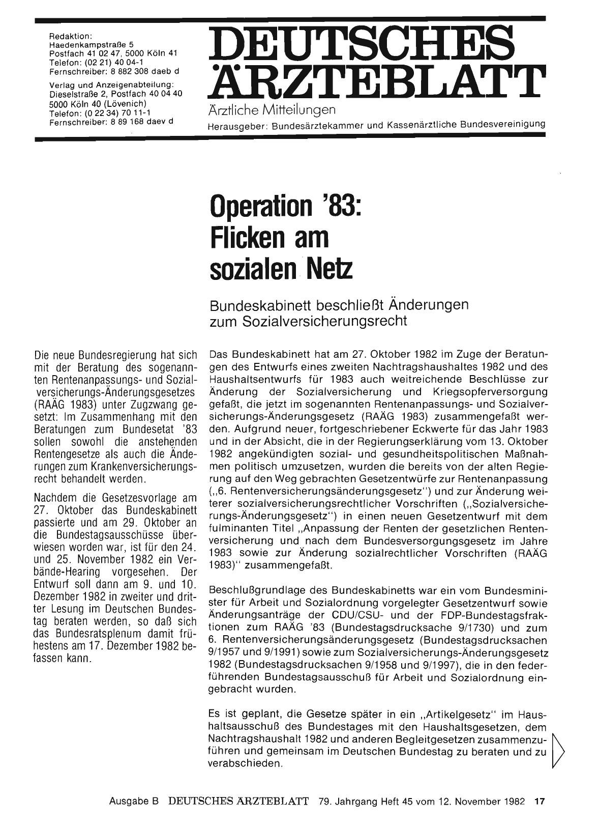 Vorschauseite 1: Operation '83: Flicken am sozialen Netz - Bundeskabinett beschließt Ande