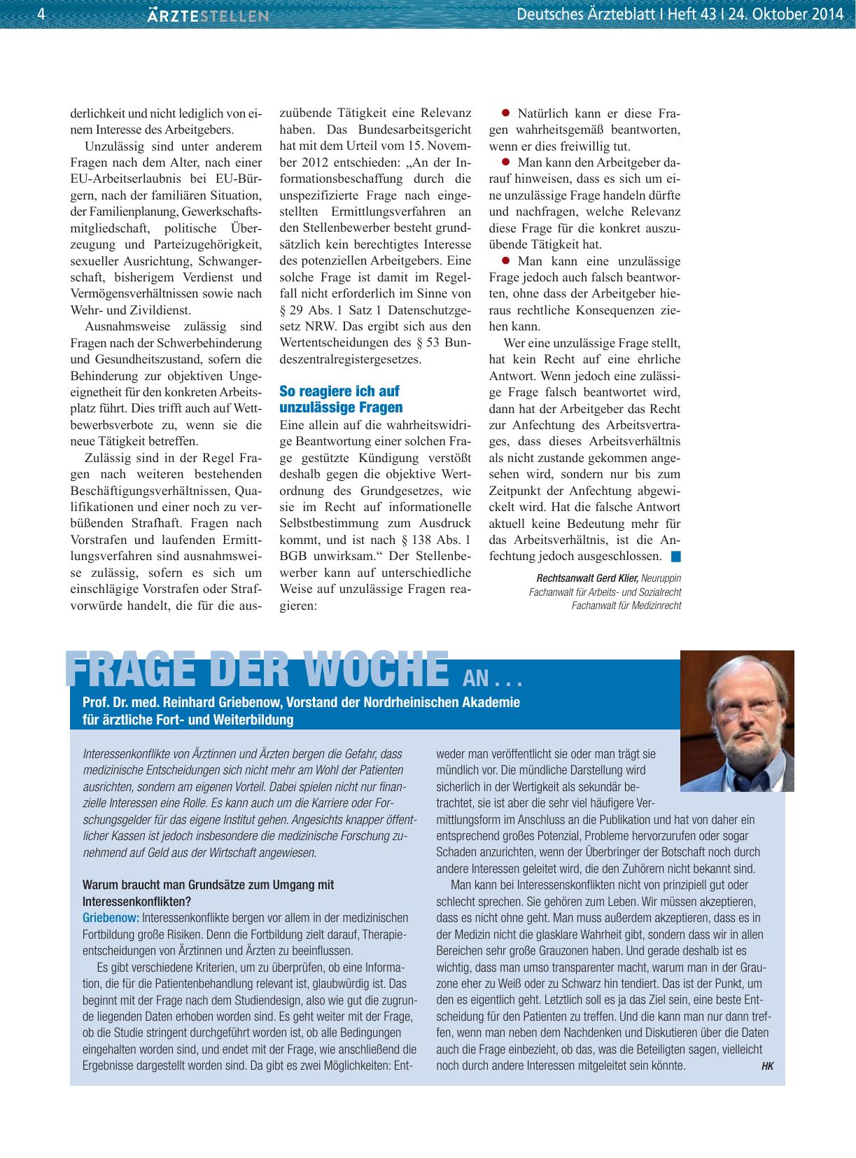 Vorschauseite 1: Frage der Woche an. .. Prof. Dr. med. Reinhard Griebenow, Vorstand der Nordrheinischen Akademie für ärztliche Fortund Weiterbildung