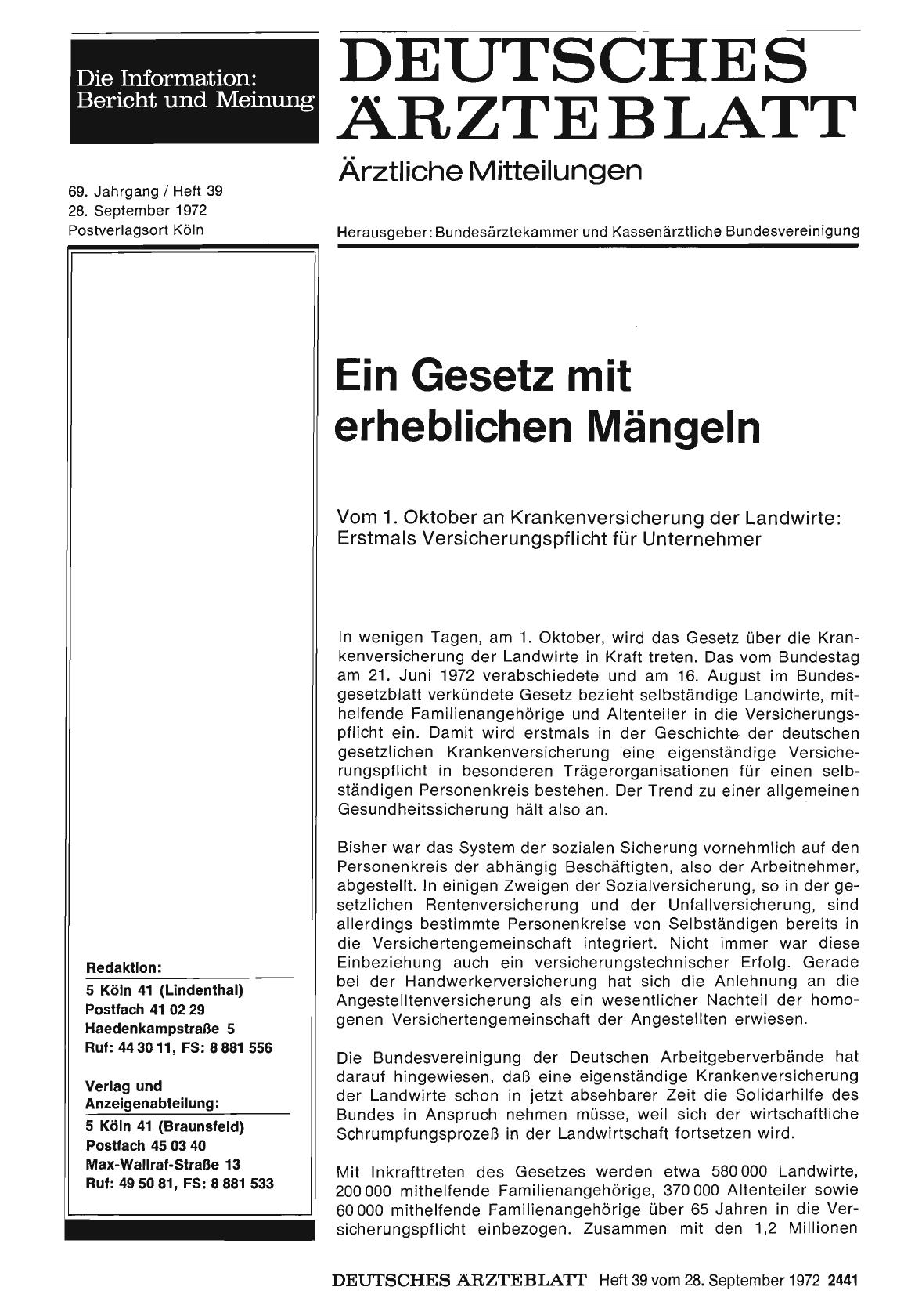 Vorschauseite 1: Ein Gesetz mit erheblichen Mängeln: Vom 1. Oktober an Krankenversicherung der Landwirte: Erstmals Versicherungspflicht für Unternehmer
