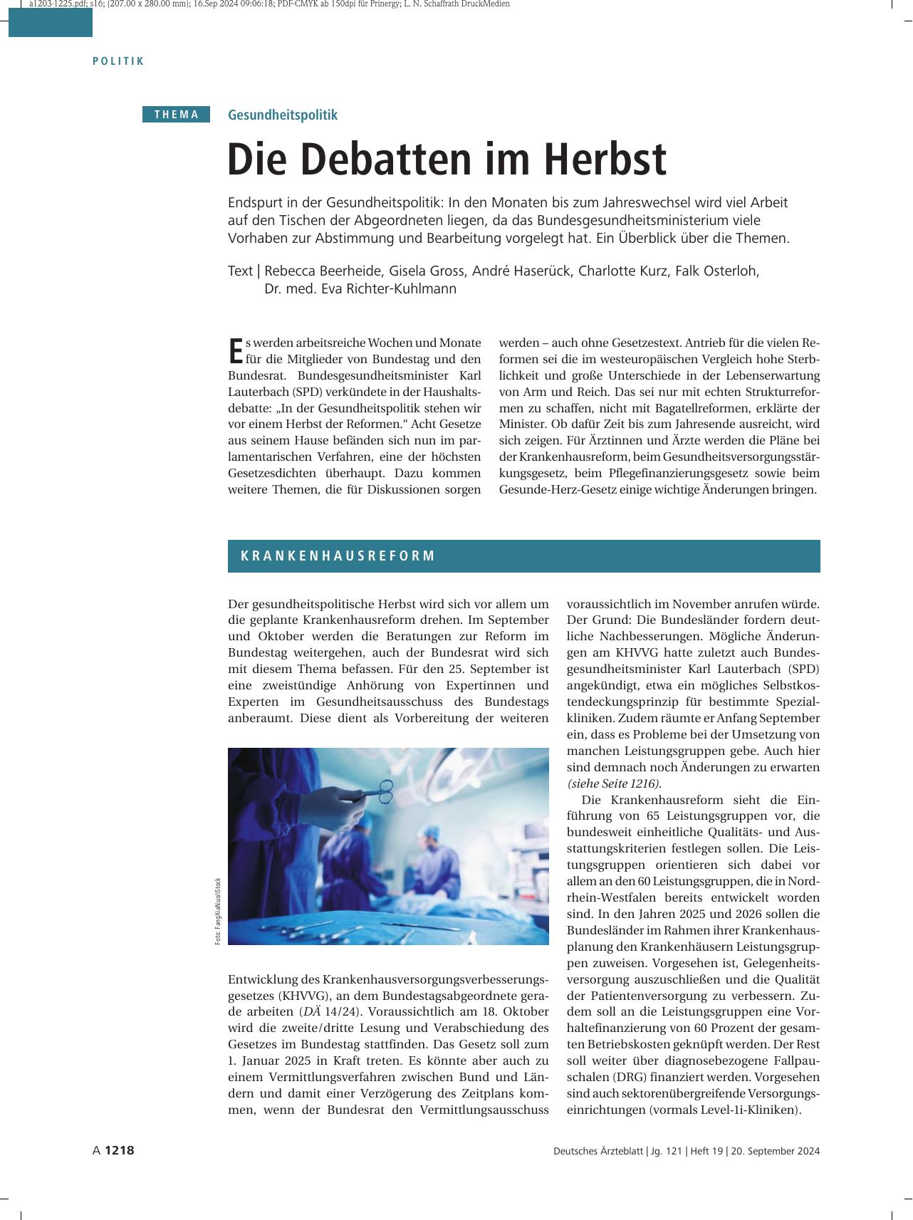 Vorschauseite 1: Gesundheitspolitik: Die Debatten im Herbst