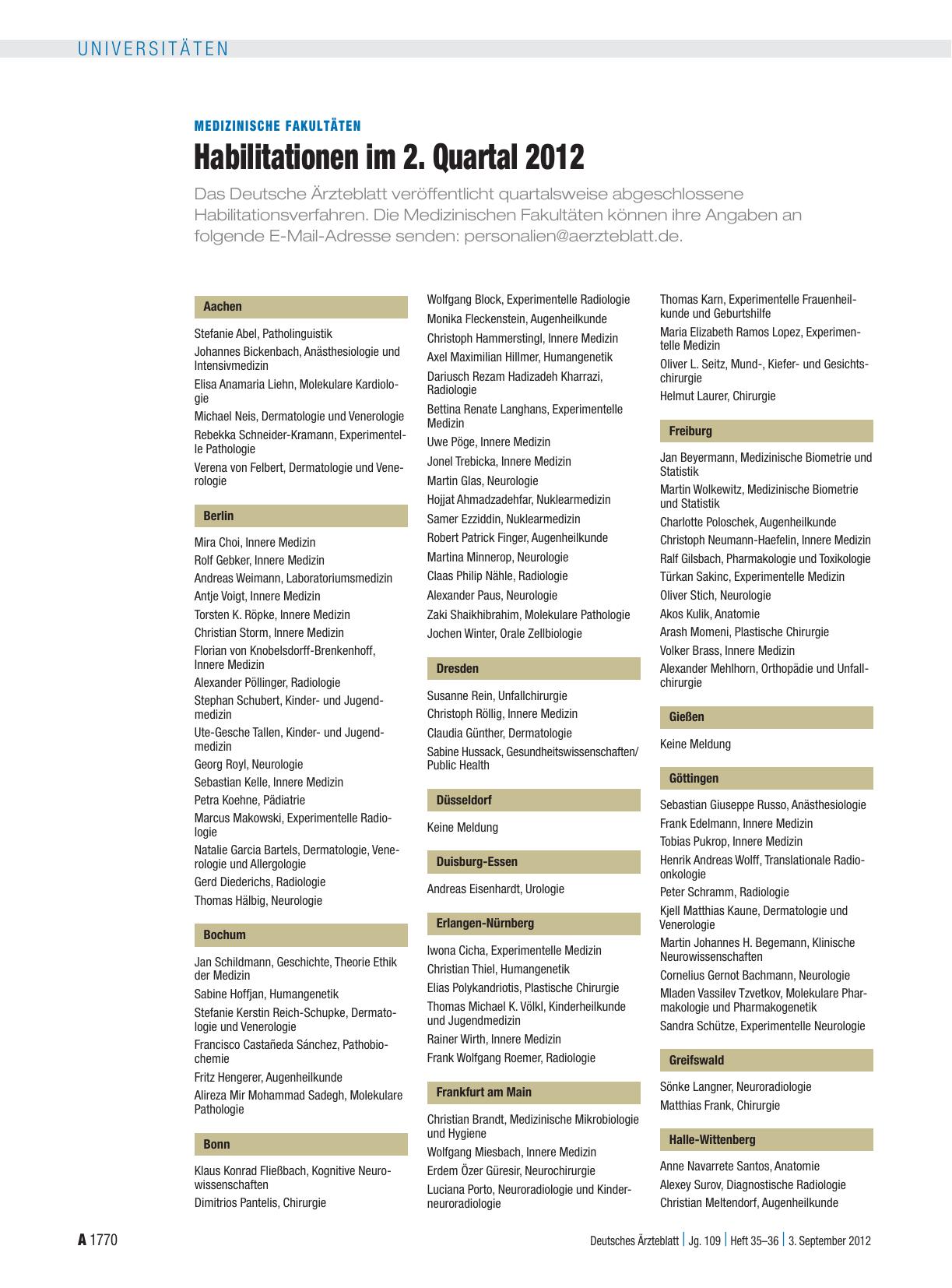 Vorschauseite 1: Medizinische Fakultäten: Habilitationen im 2. Quartal 2012