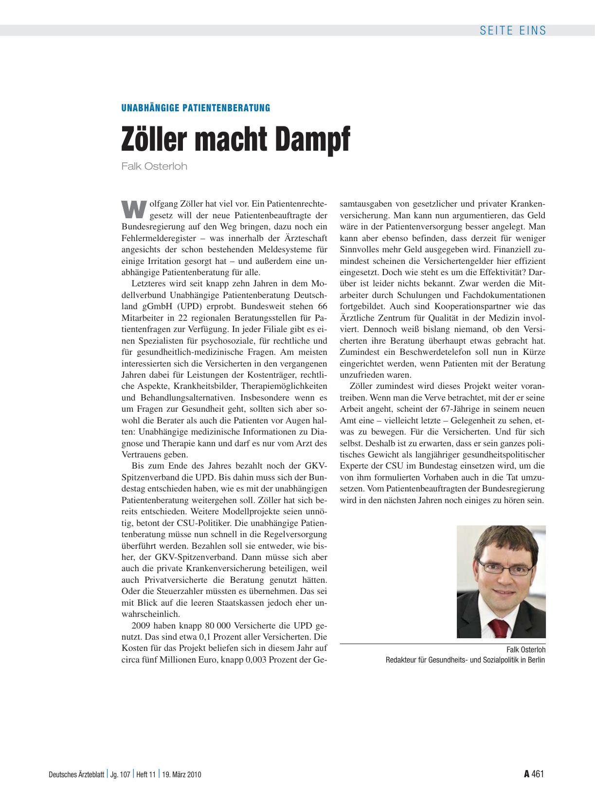 Vorschauseite 1: Unabhängige Patientenberatung: Zöller macht Dampf