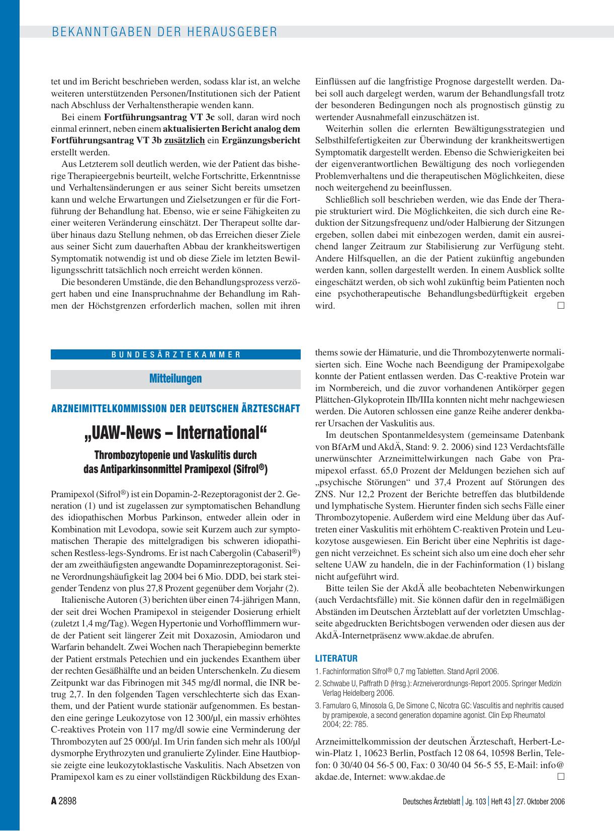 Vorschauseite 1: Mitteilungen: „UAW-News – International“ – Thrombozytopenie und Vaskulitis durch das Antiparkinsonmittel Pramipexol (Sifrol®)