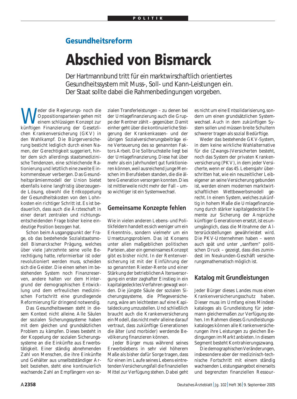 Vorschauseite 1: Gesundheitsreform: Abschied von Bismarck