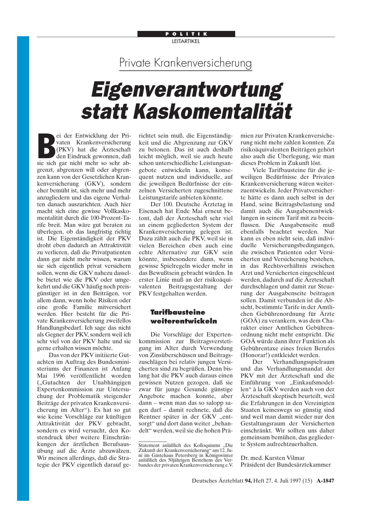 Vorschauseite 1: Private Krankenversicherung: Eigenverantwortung statt Kaskomentalität