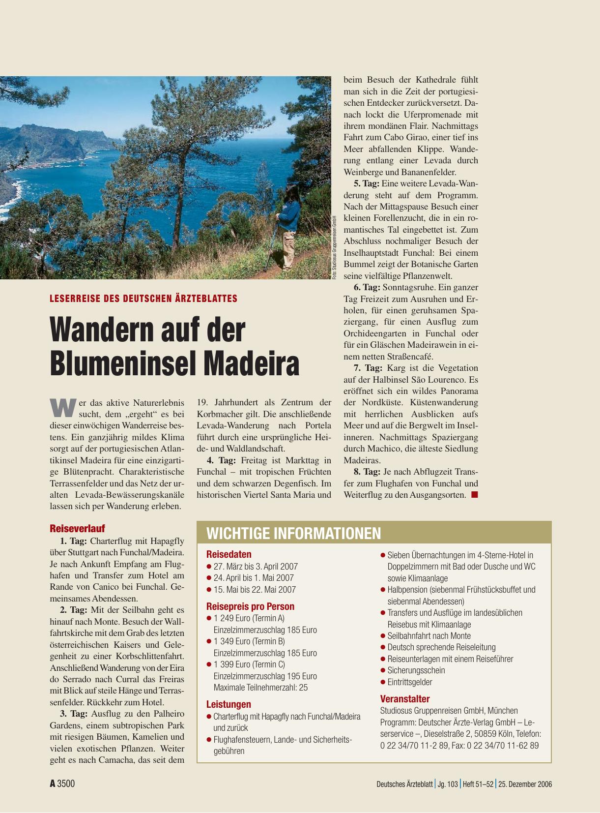 Vorschauseite 1: Leserreise des Deutschen Ärzteblattes: Wandern auf der Blumeninsel Madeira