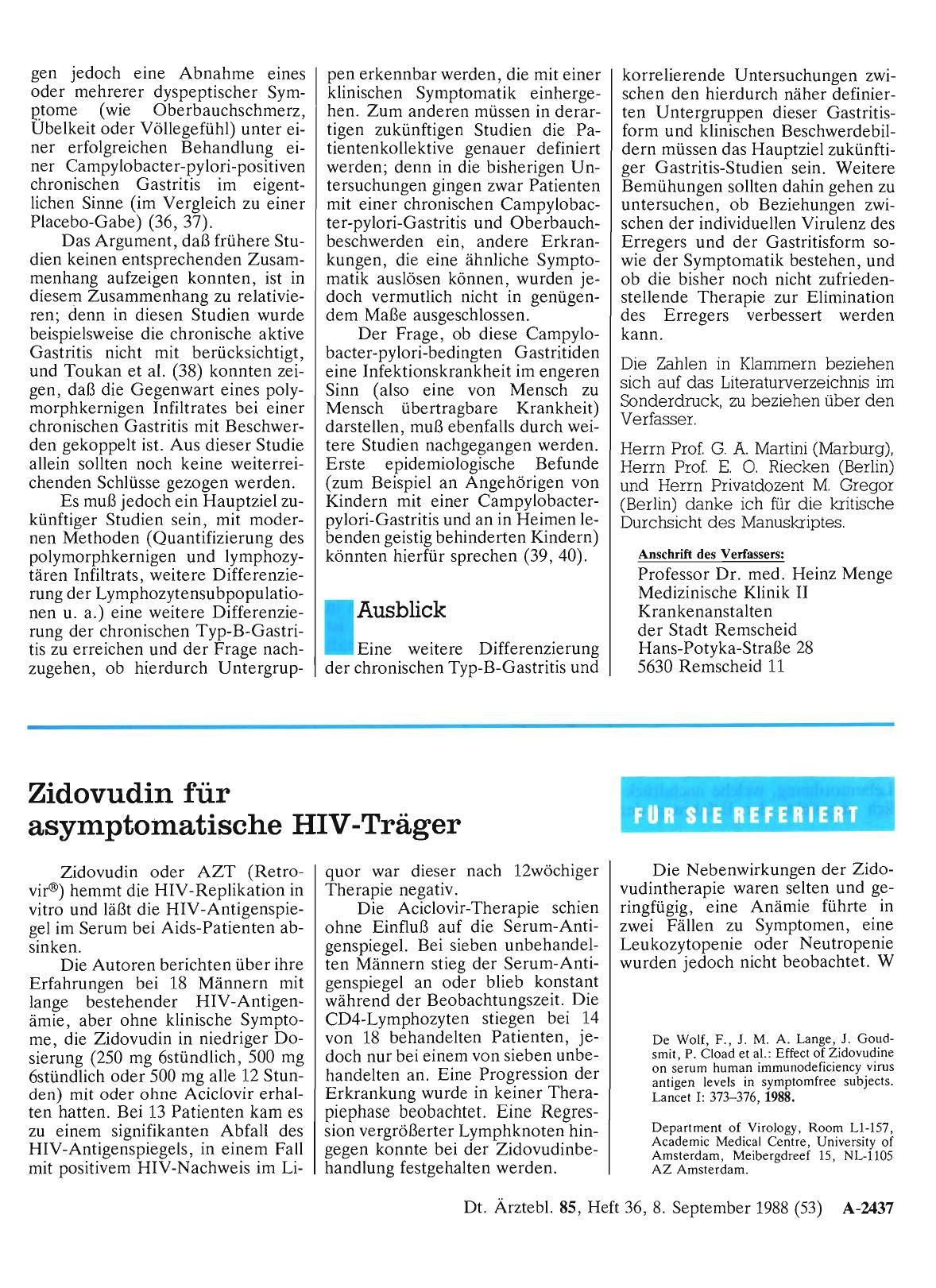 Vorschauseite 1: Zidovudin für asymptomatische HIV-Träger