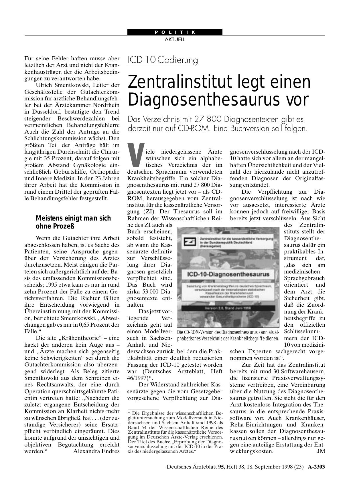 Vorschauseite 1: ICD-10-Codierung: Zentralinstitut legt einen Diagnosenthesaurus vor