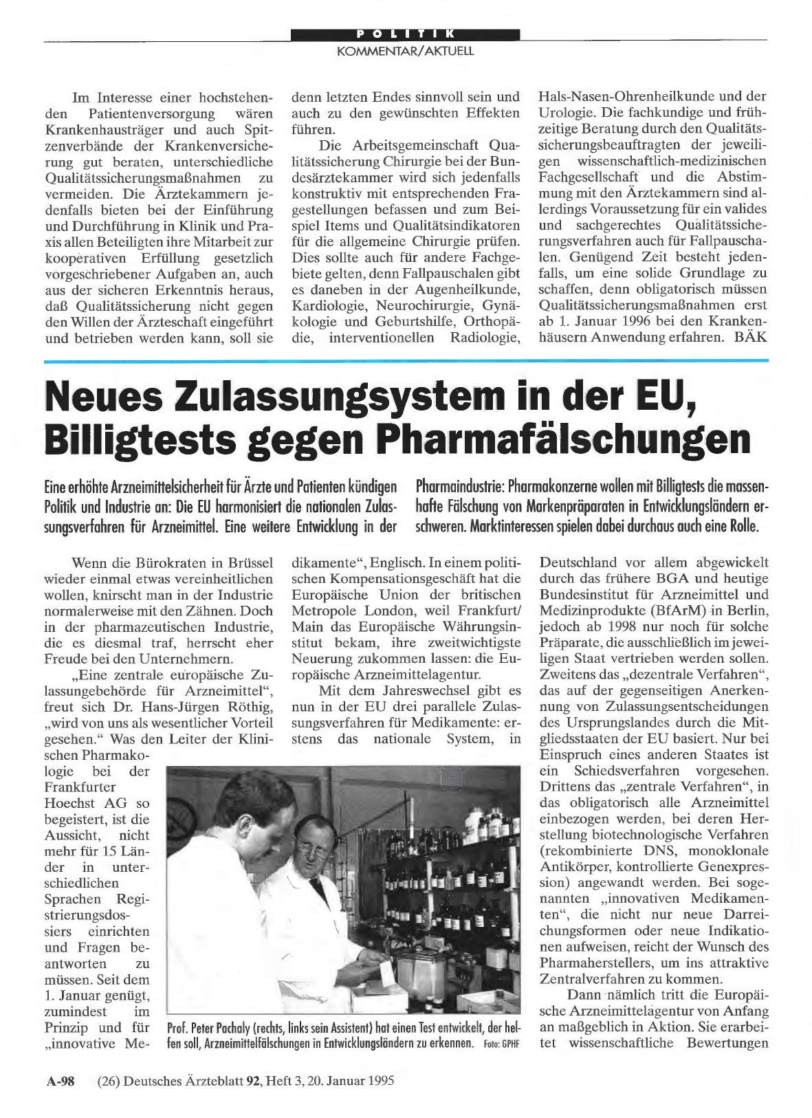 Vorschauseite 1: Neues Zulassungsystem in der EU, Billigtests gegen Pharmafälschungen