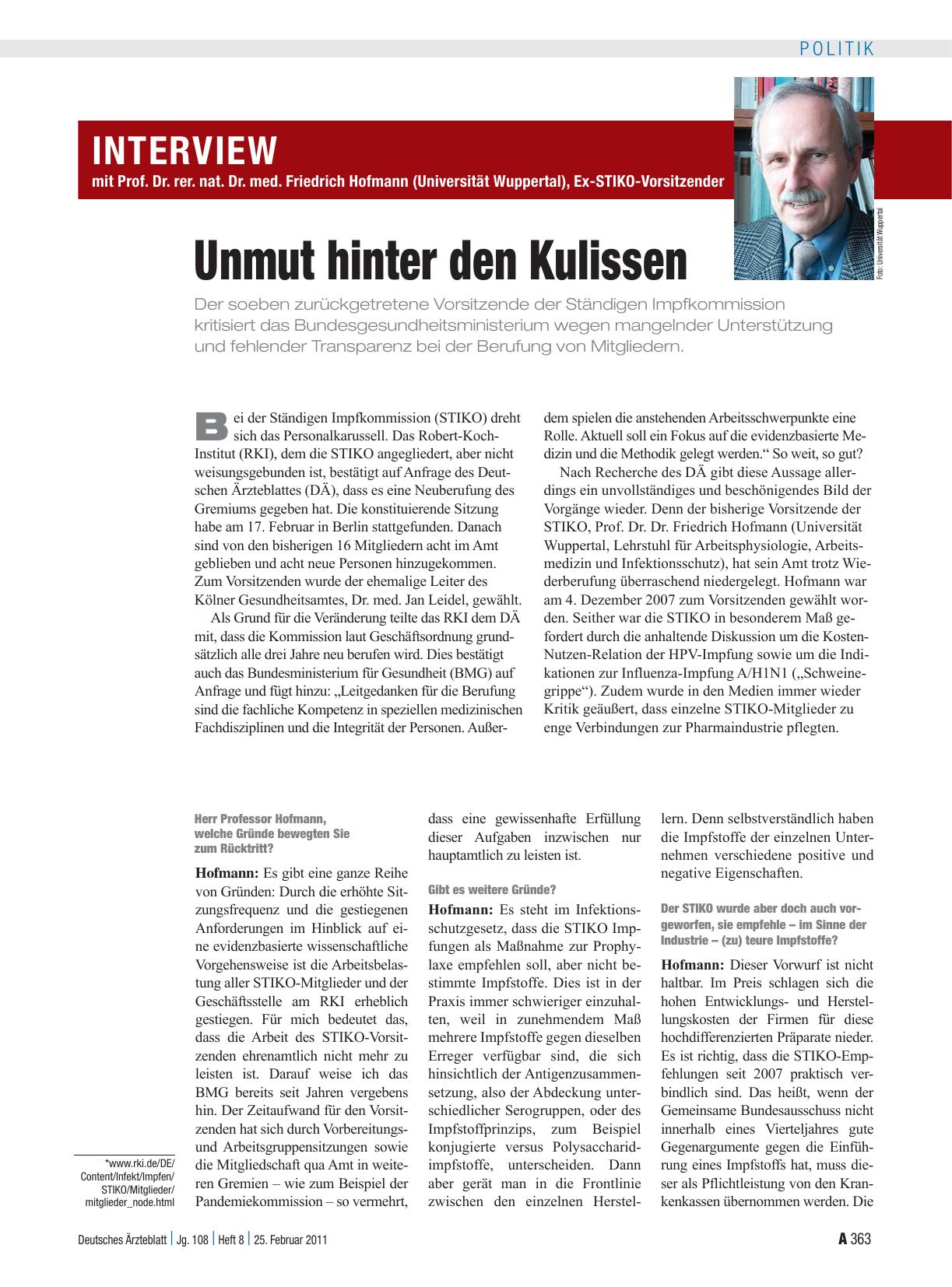 Vorschauseite 1: Interview mit Prof. Dr. rer. nat. Dr. med. Friedrich Hofmann (Universität Wuppertal), Ex-STIKO-Vorsitzender: Unmut hinter den Kulissen