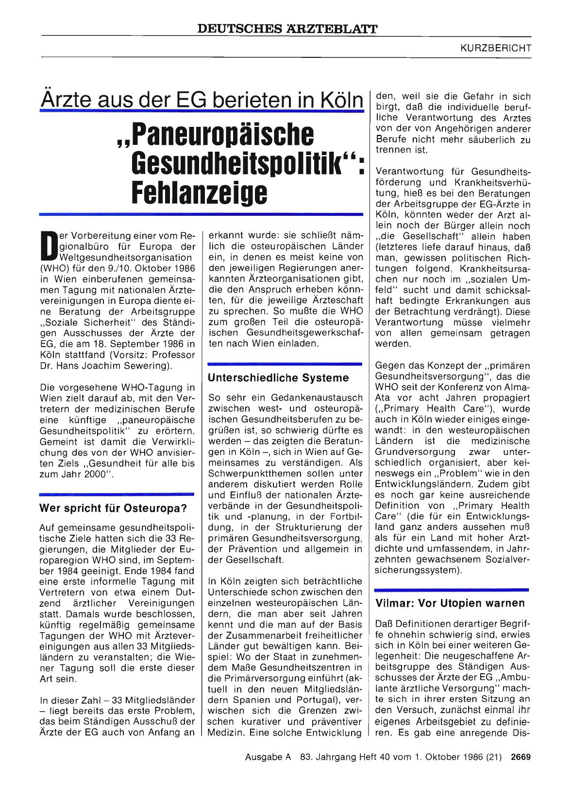 Vorschauseite 1: Ärzte aus der EG berieten in Köln: „Paneuropäische Gesundheitspolitik“ – Fehlanzeige