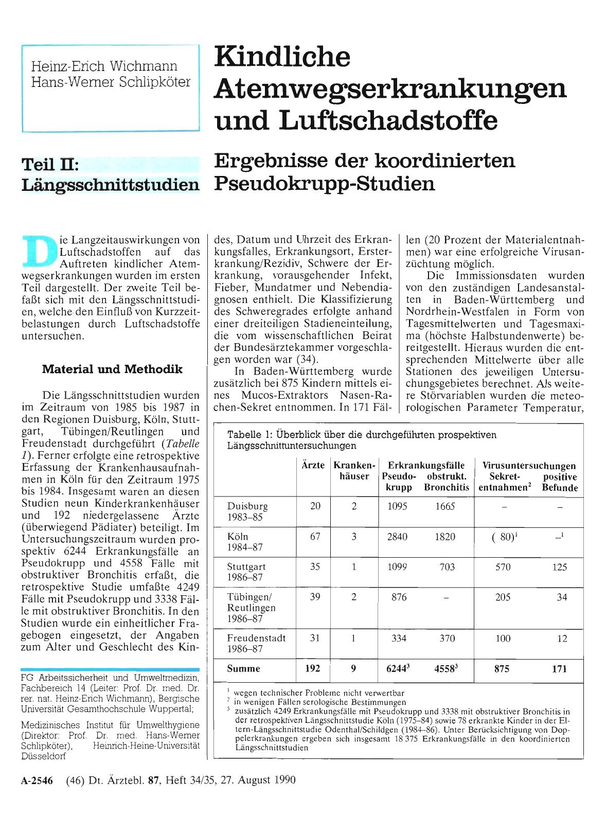 Vorschauseite 1: Kindliche Atemwegserkrankungen und Luftschadstoffe: Teil II: Längsschnittstudien