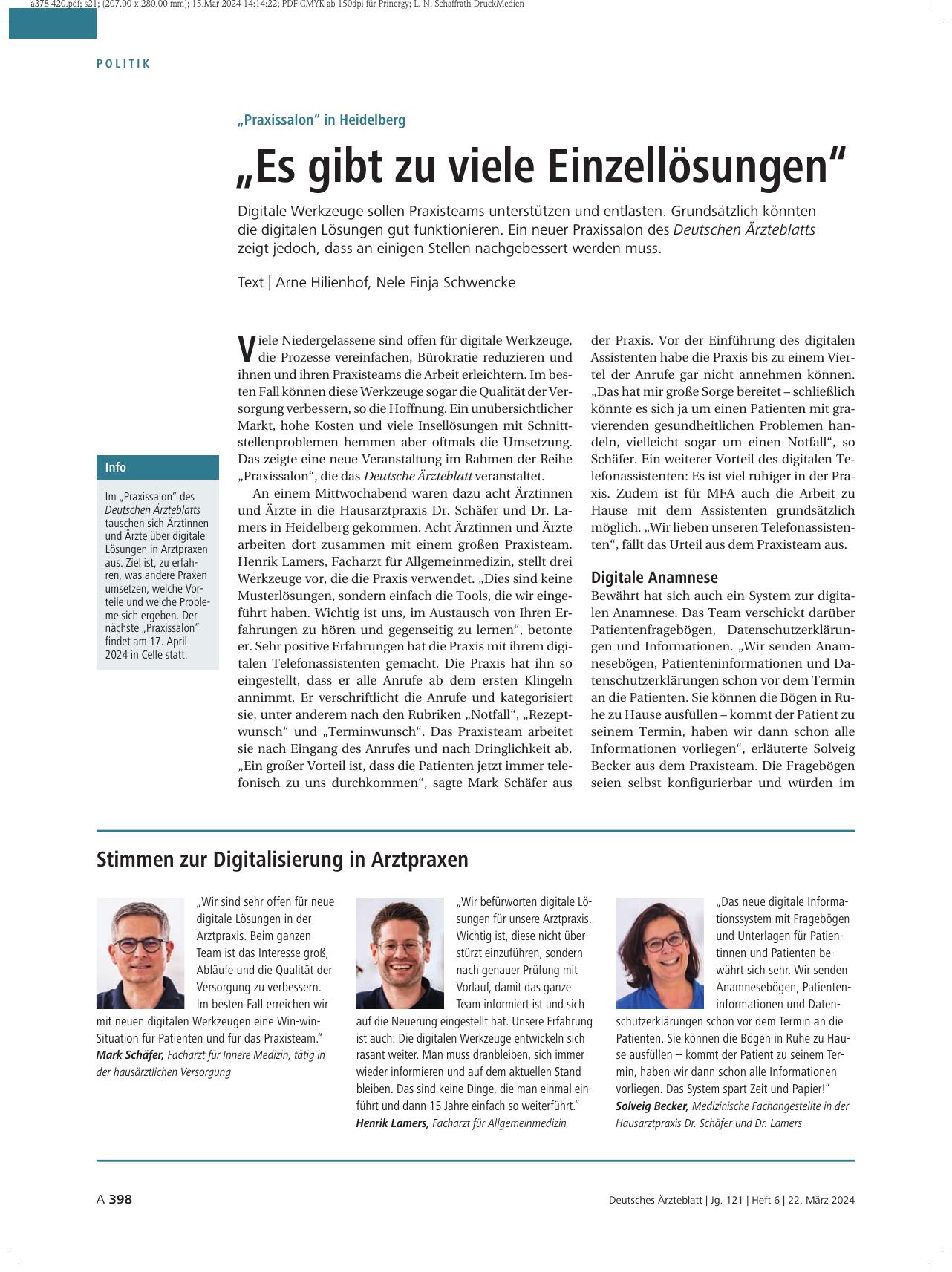 Vorschauseite 1: "Praxissalon" in Heidelberg: "Es gibt zu viele Einzellösungen"