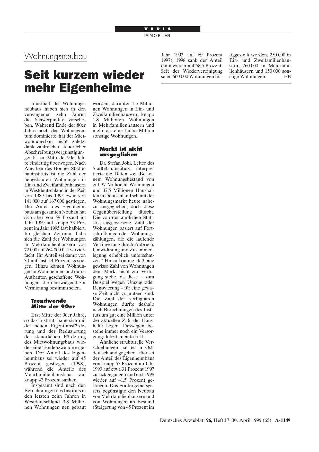 Vorschauseite 1: Wohnungsneubau: Seit kurzem wieder mehr Eigenheime