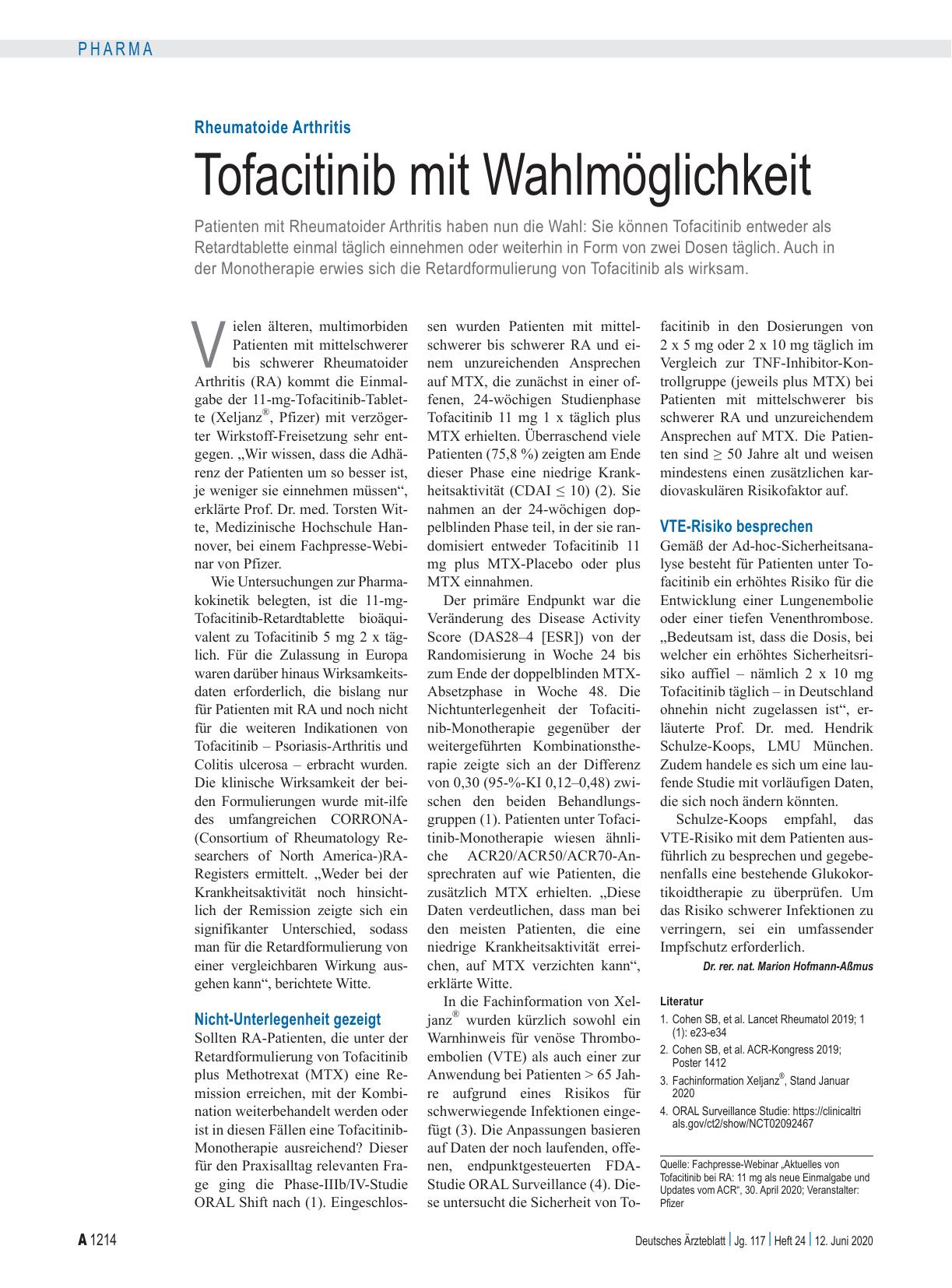 Vorschauseite 1: Rheumatoide Arthritis: Tofacitinib mit Wahlmöglichkeit