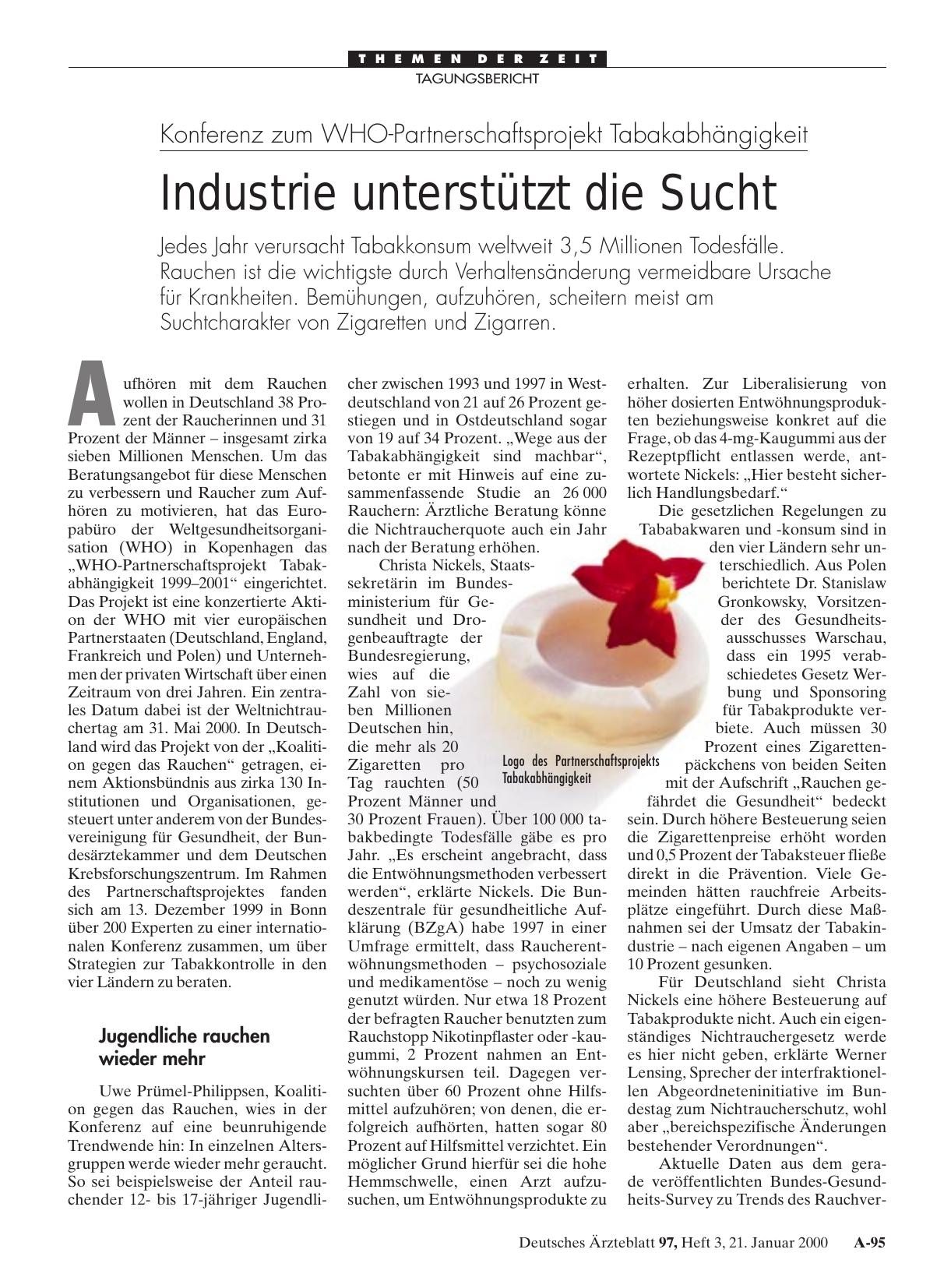 Vorschauseite 1: Konferenz zum WHO-Partnerschaftsprojekt Tabakabhängigkeit: Industrie unterstützt die Sucht