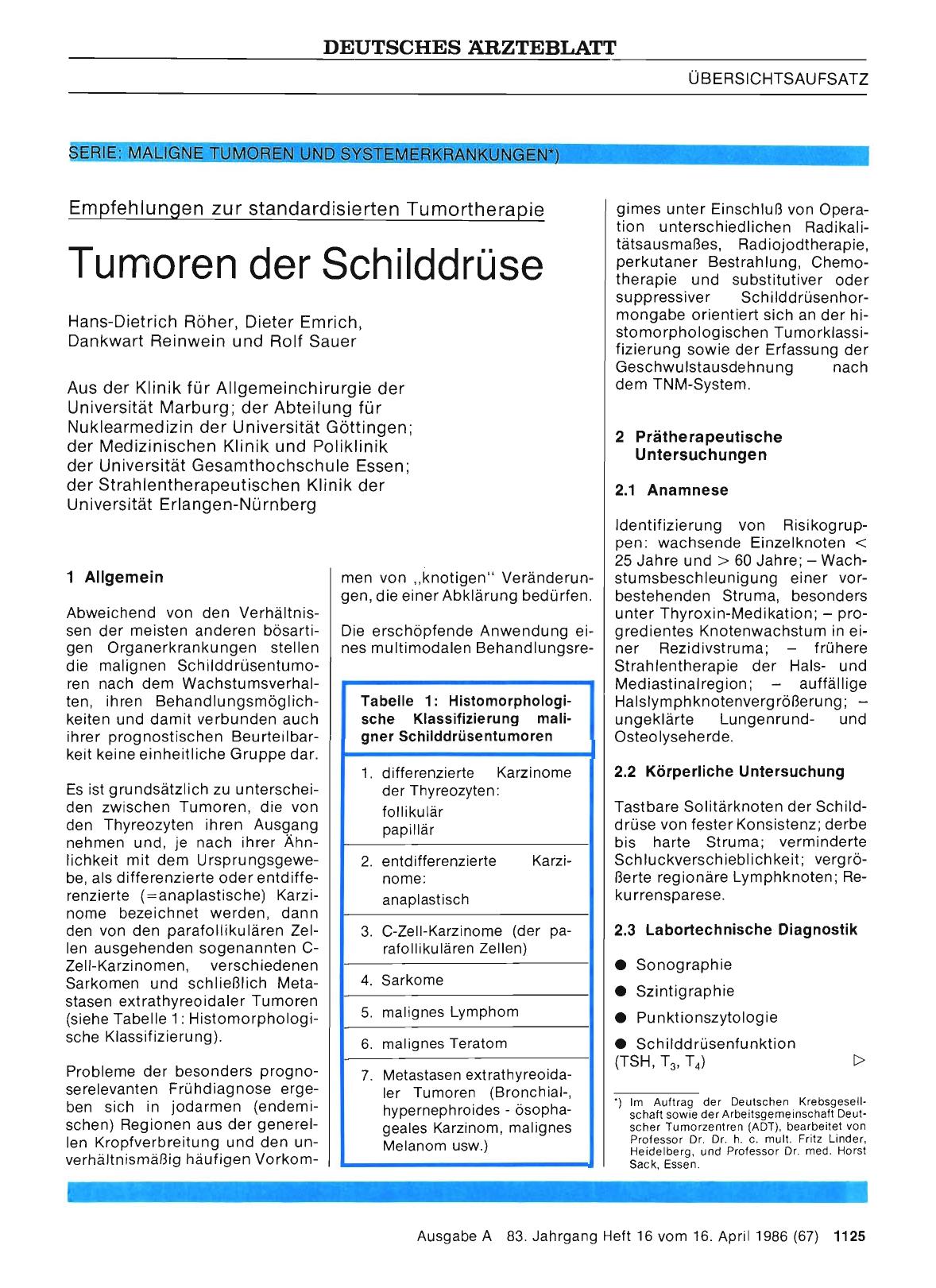 Vorschauseite 1: Empfehlungen zur standardisierten Tumortherapie: Tumoren der Schilddrüse
