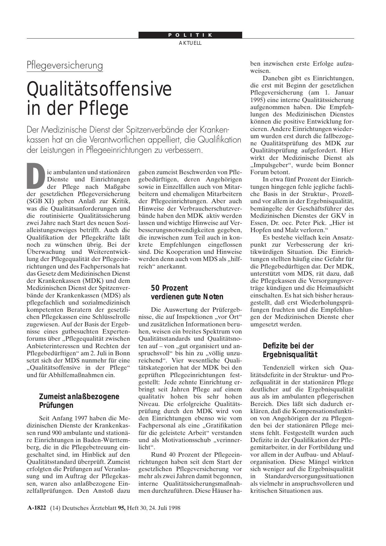 Vorschauseite 1: Pflegeversicherung: Qualitätsoffensive in der Pflege