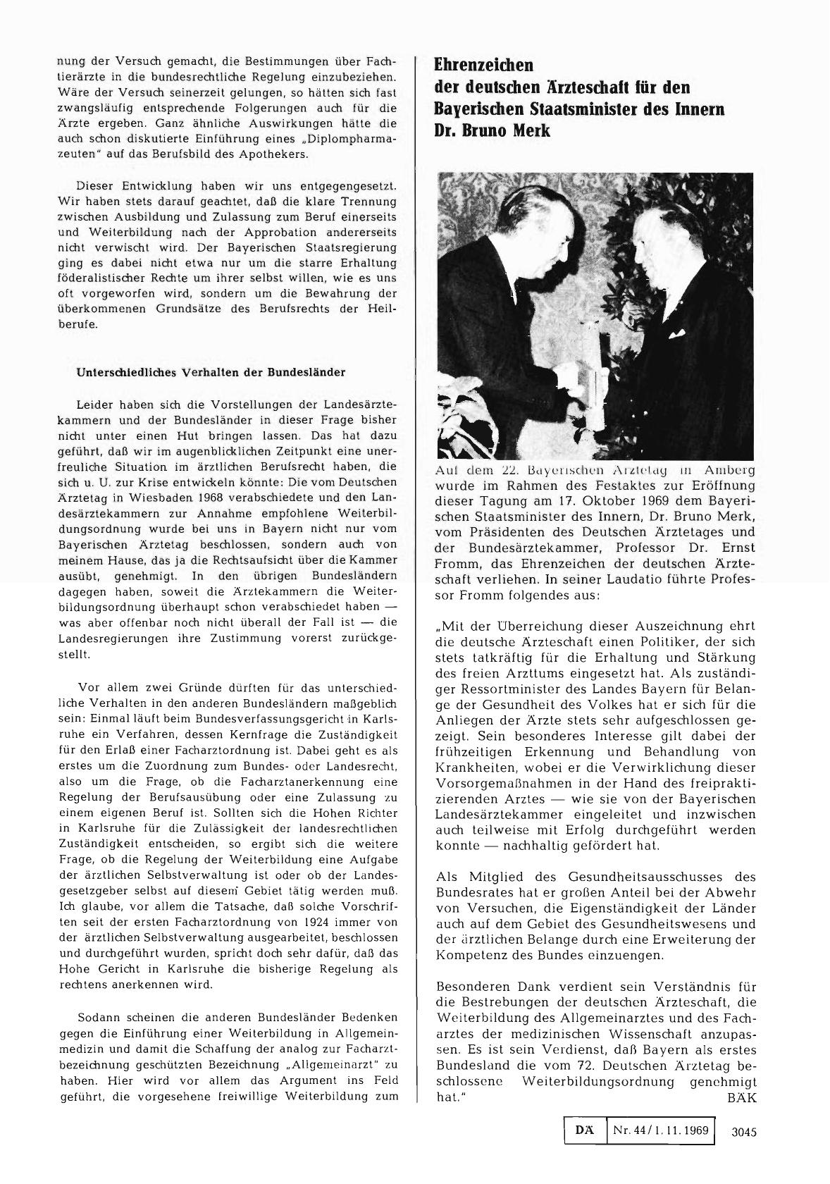 Vorschauseite 1: Ehrenzeichen der deutschen Ärzteschaft für den Bayerischen Staatsminister des Innern Dr. Bruno Merk