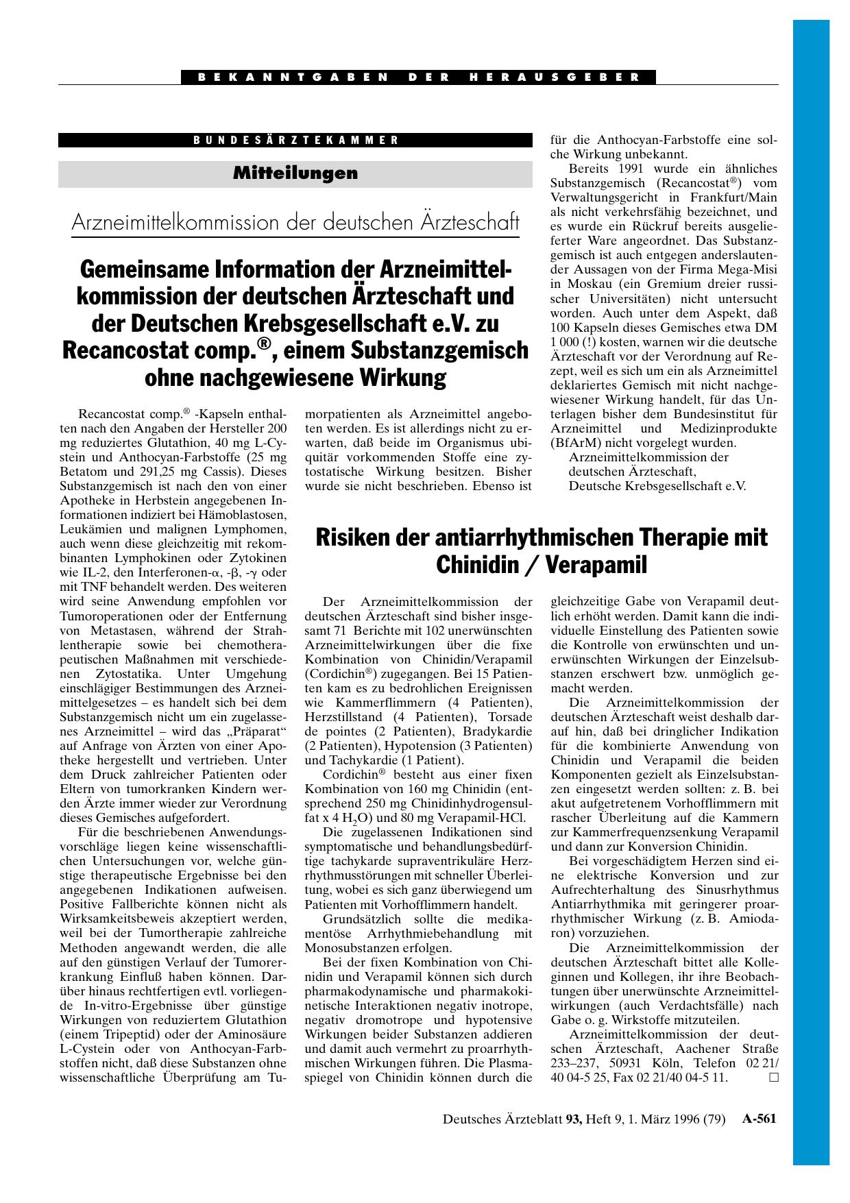 Vorschauseite 1: Mitteilungen: Arzneimittelkommission der deutschen Ärzteschaft Gemeinsame Information der Arzneimittel-kommission der deutschen Ärzteschaft und der Deutschen Krebsgesellschaft e.…