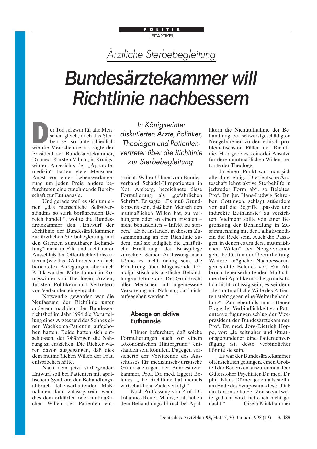 Vorschauseite 1: Ärztliche Sterbebegleitung: Bundesärztekammer will Richtlinie nachbessern