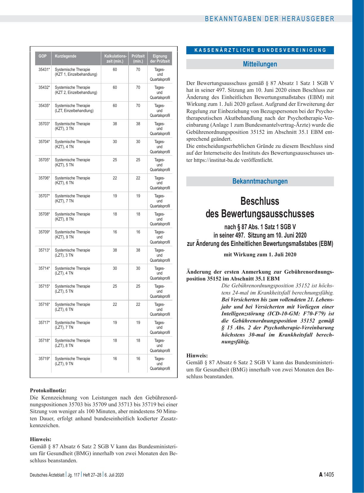 Vorschauseite 1: Beschluss des Bewertungsausschusses nach § 87 Abs. 1 Satz 1 SGB V in seiner 497. Sitzung am 10. Juni 2020 zur Änderung des Einheitlichen Bewertungsmaßstabes (EBM)