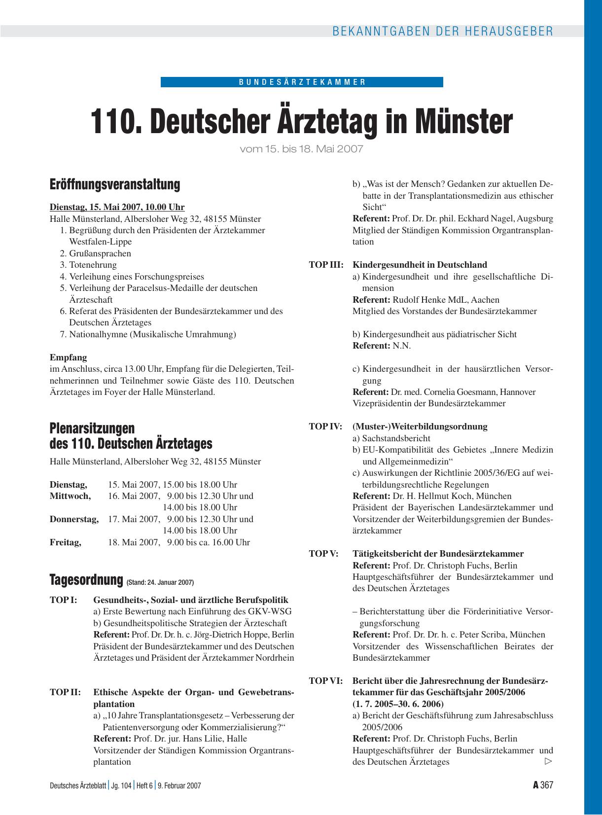 Vorschauseite 1: 110. Deutscher Ärztetag in Münster vom 15. bis 18. Mai 2007