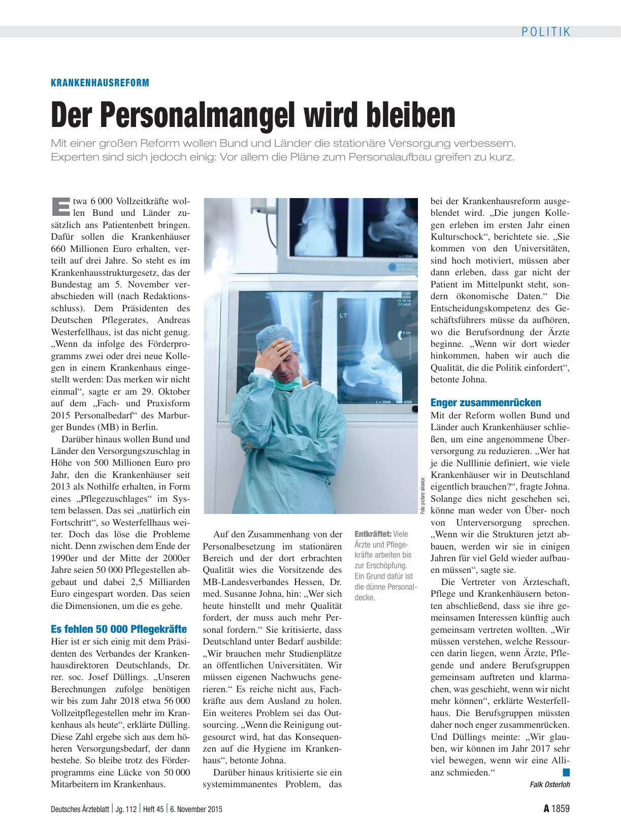 Vorschauseite 1: Krankenhausreform: Der Personalmangel wird bleiben