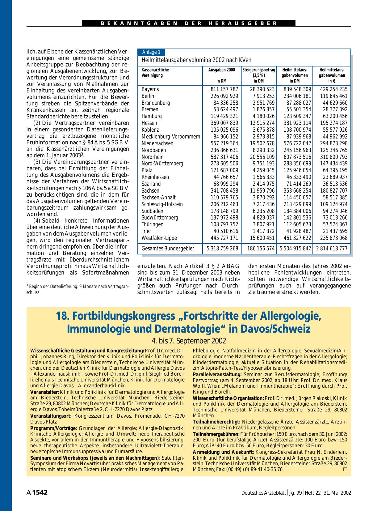 Vorschauseite 1: 18. Fortbildungskongress „Fortschritte der Allergologie, Immunologie und Dermatologie“ in Davos/Schweiz (4. bis 7. September 2002)
