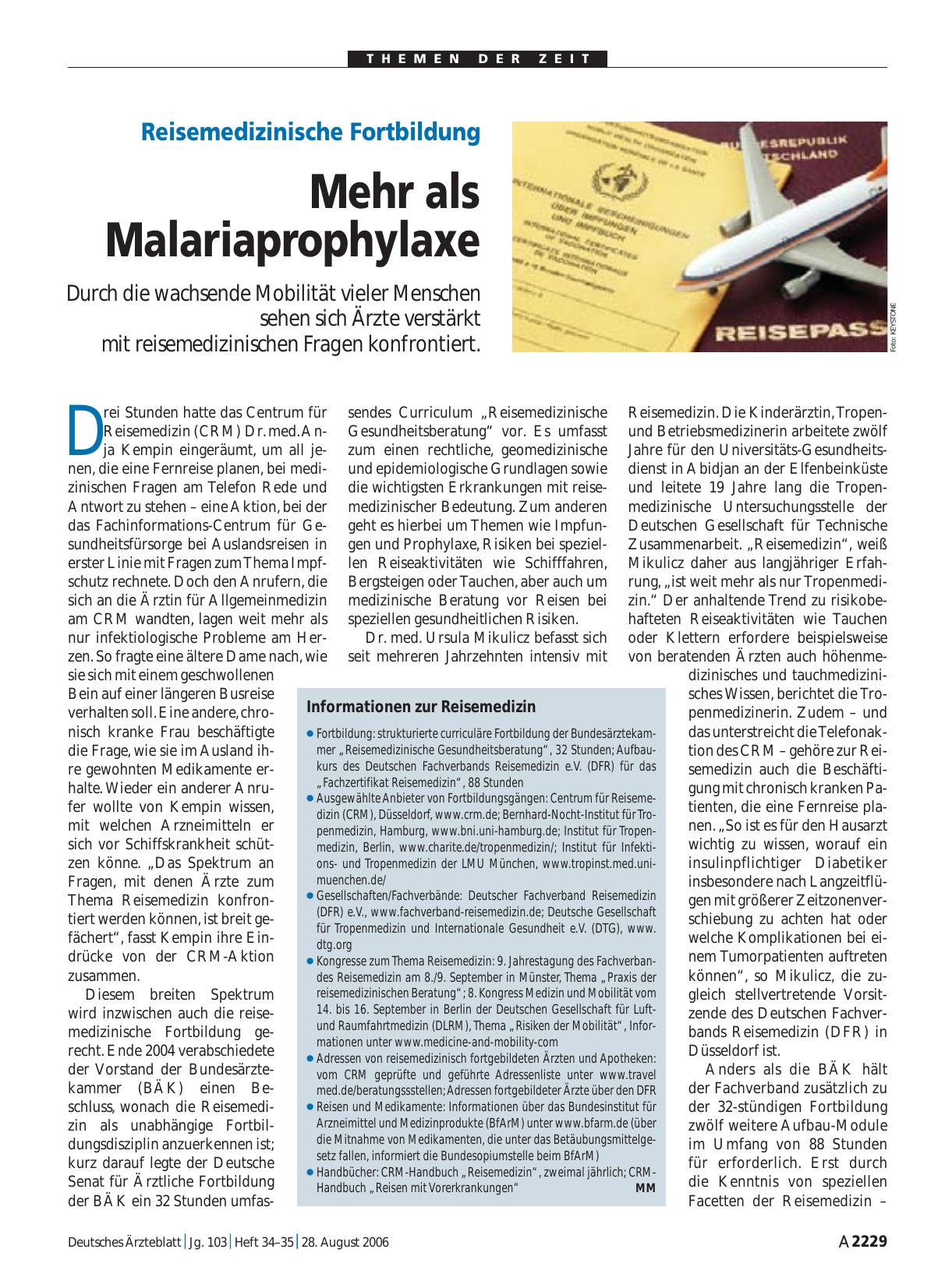 Vorschauseite 1: Reisemedizinische Fortbildung: Mehr als Malariaprophylaxe