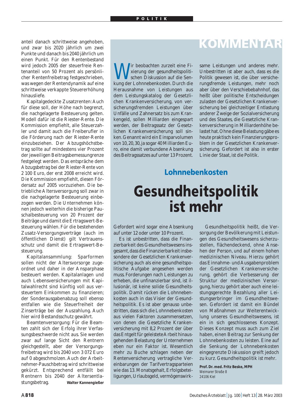 Vorschauseite 1: Lohnnebenkosten: Gesundheitspolitik ist mehr