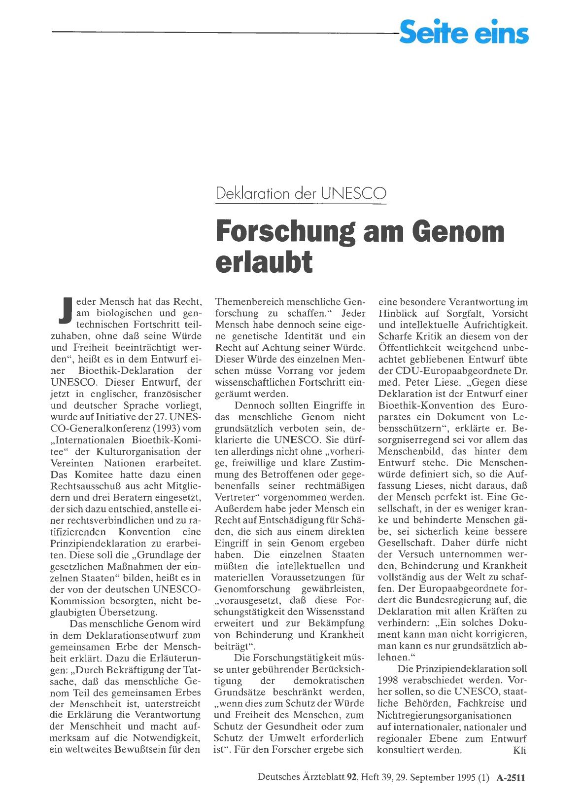 Vorschauseite 1: Deklaration der UNESCO: Forschung am Genom erlaubt