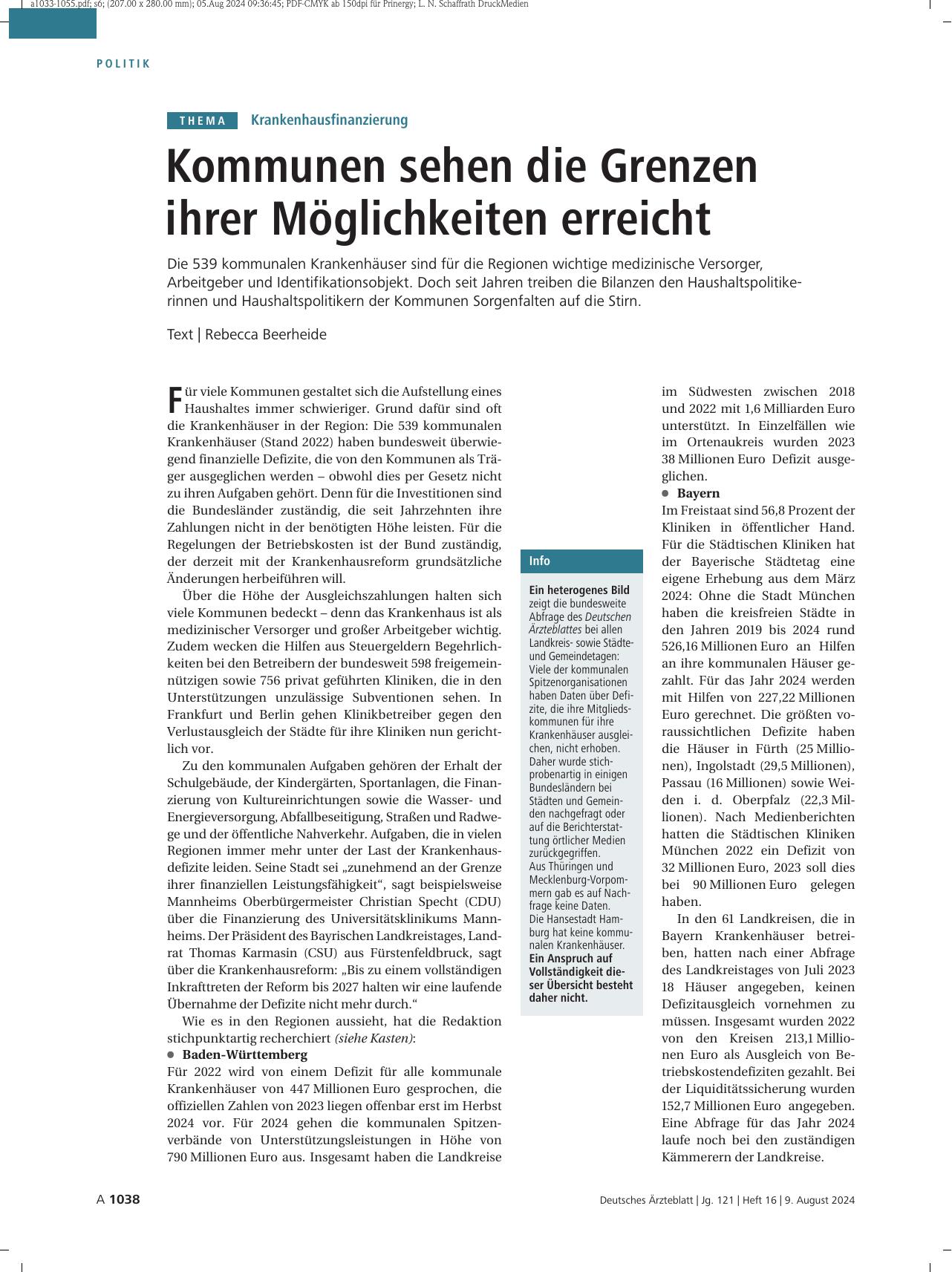 Vorschauseite 1: Krankenhausfinanzierung: Kommunen sehen die Grenzen ihrer Möglichkeiten erreicht
